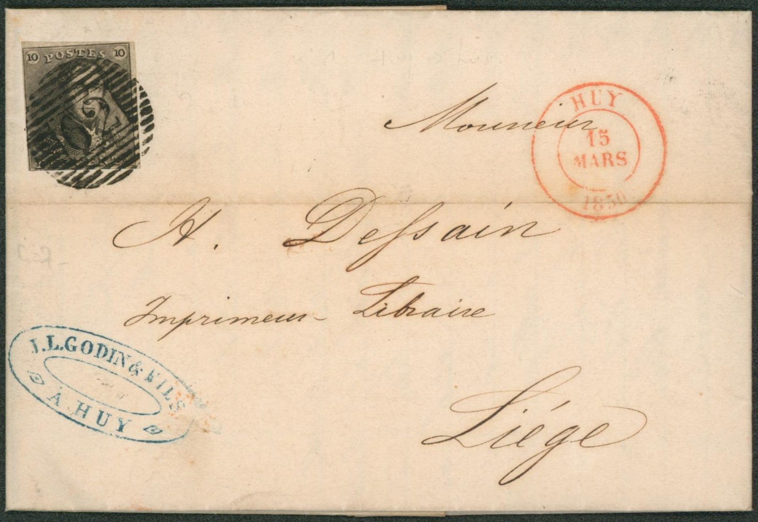 n°1 au filet sur LAC obl P62 çàd Huy + cachet privé (J.L. Godin & fils, papeterie) > Liège