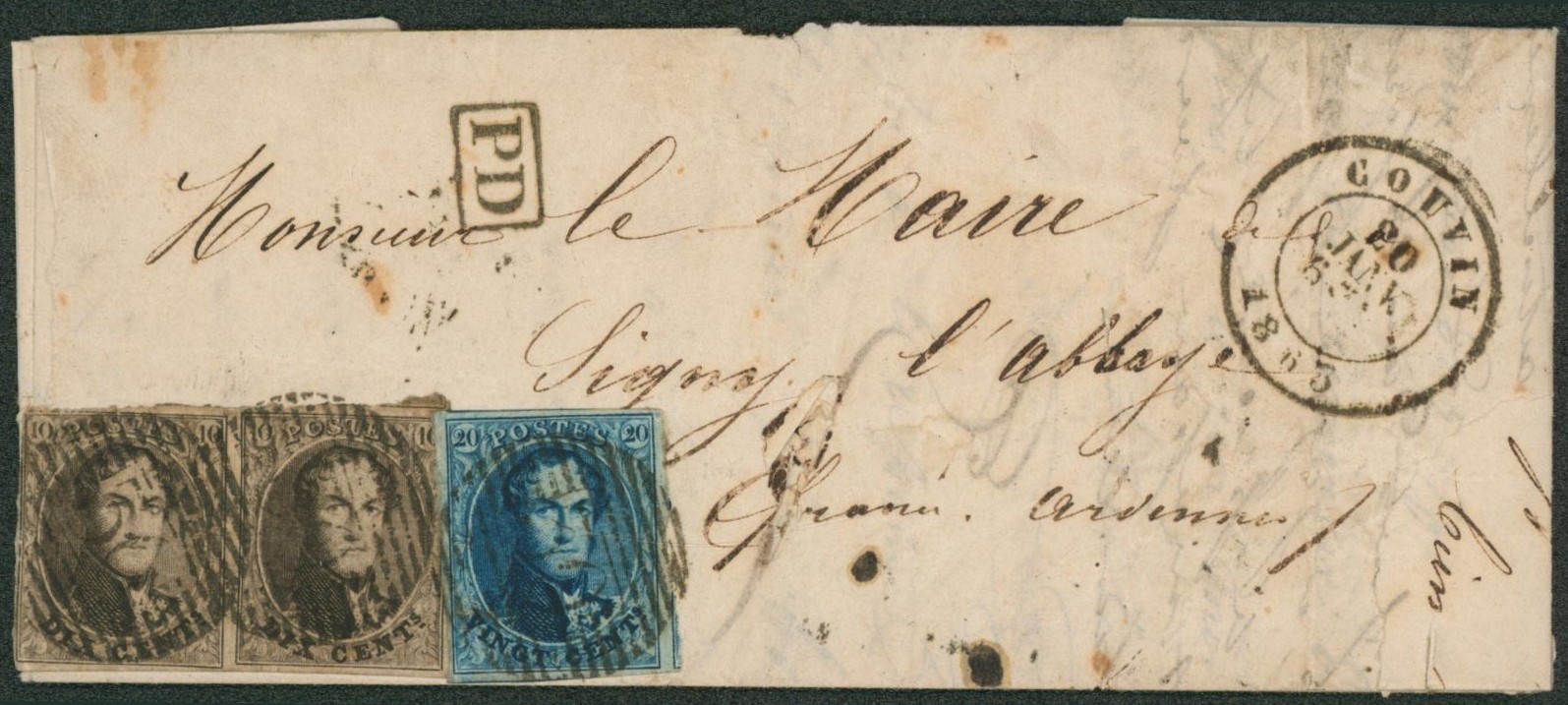 n°10 x2 et 11 margés sur LAC obl P30 çàd Couvin (20/01) > Signy-L'abbaye + cachet de passage "France par Couvin""