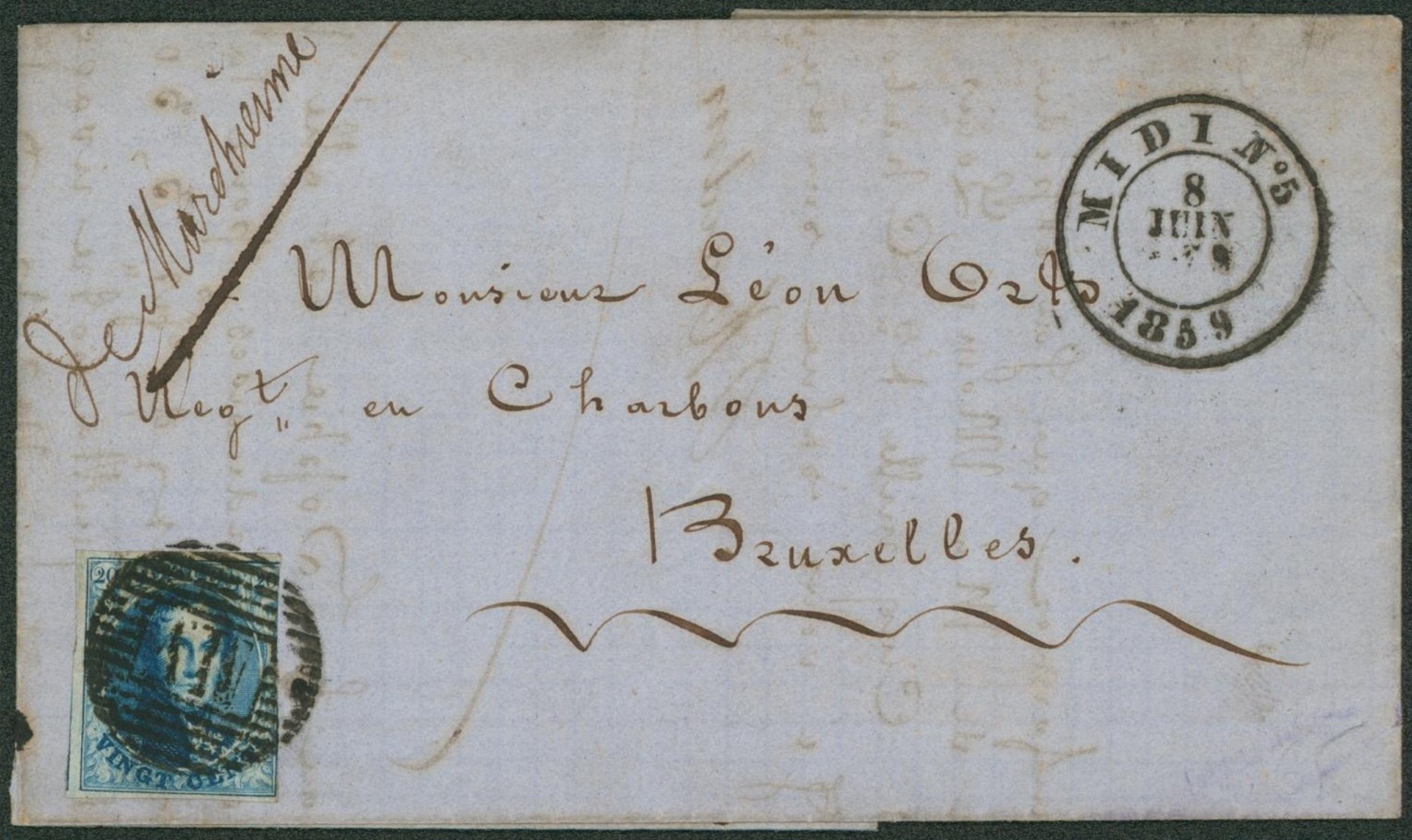 n°11A au filet sur LAC obl ambulant M.V. (Midi n°5) + griffe manuscrite "De marchienne" > Bruxelles"