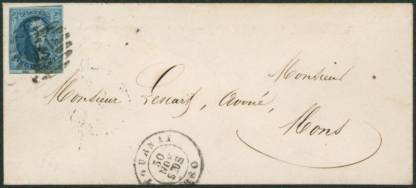 n°11A margé sur enveloppe obl P120 (8 barres) Tournay > Mons