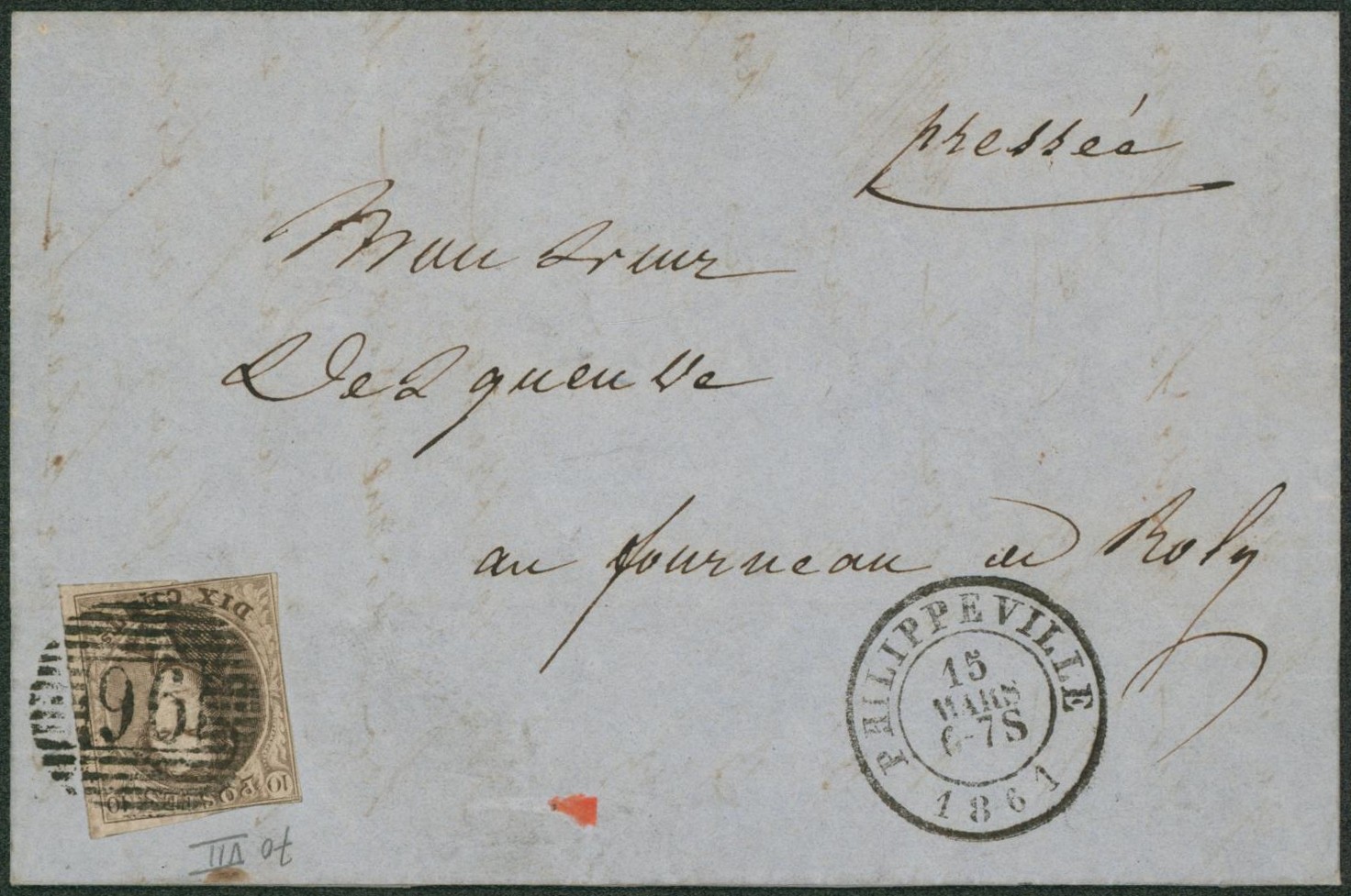 n°10A au filet (planché, Pl VII) sur LAC pressé obl P96 çàd Philippeville > Fourneau à Roly