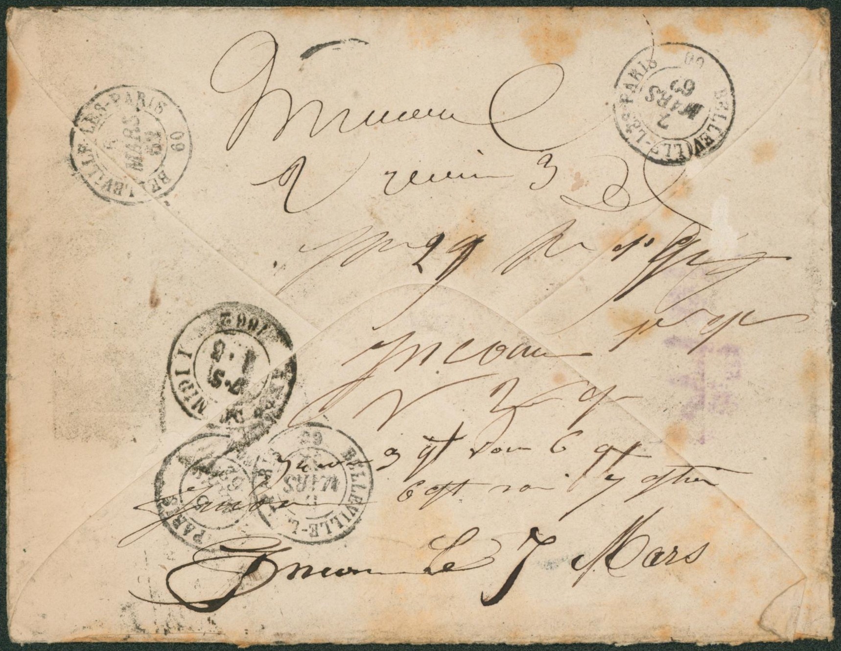 n°11 en paire margée sur enveloppe obl P24 çàd Bruxelles > Belleville (France). Inconnu, quelques recherches. Reçu le 07 mars