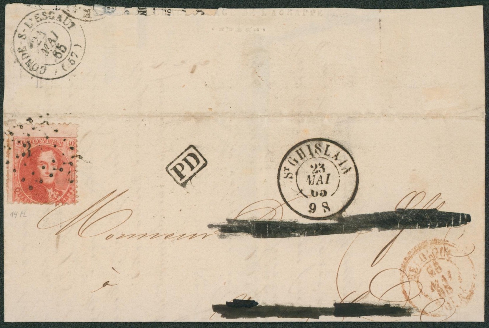 n°16 + variété de piquage sur LAC obl Pt322 çàd St-Ghislain (Origine Framerie) > Adresse caviardée (France). 