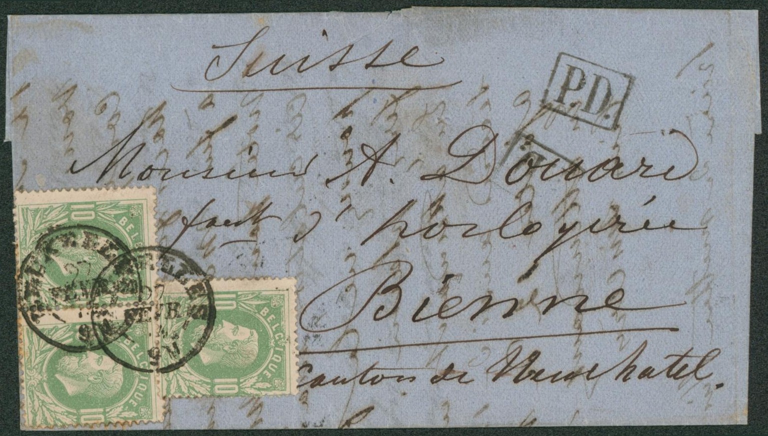 n°30 x3 dont une paire sur LAC obl DCb "Bruxelles" + griffe P.D. > Bienne (Suisse) + Passage "Suisse par Est 1". TB"