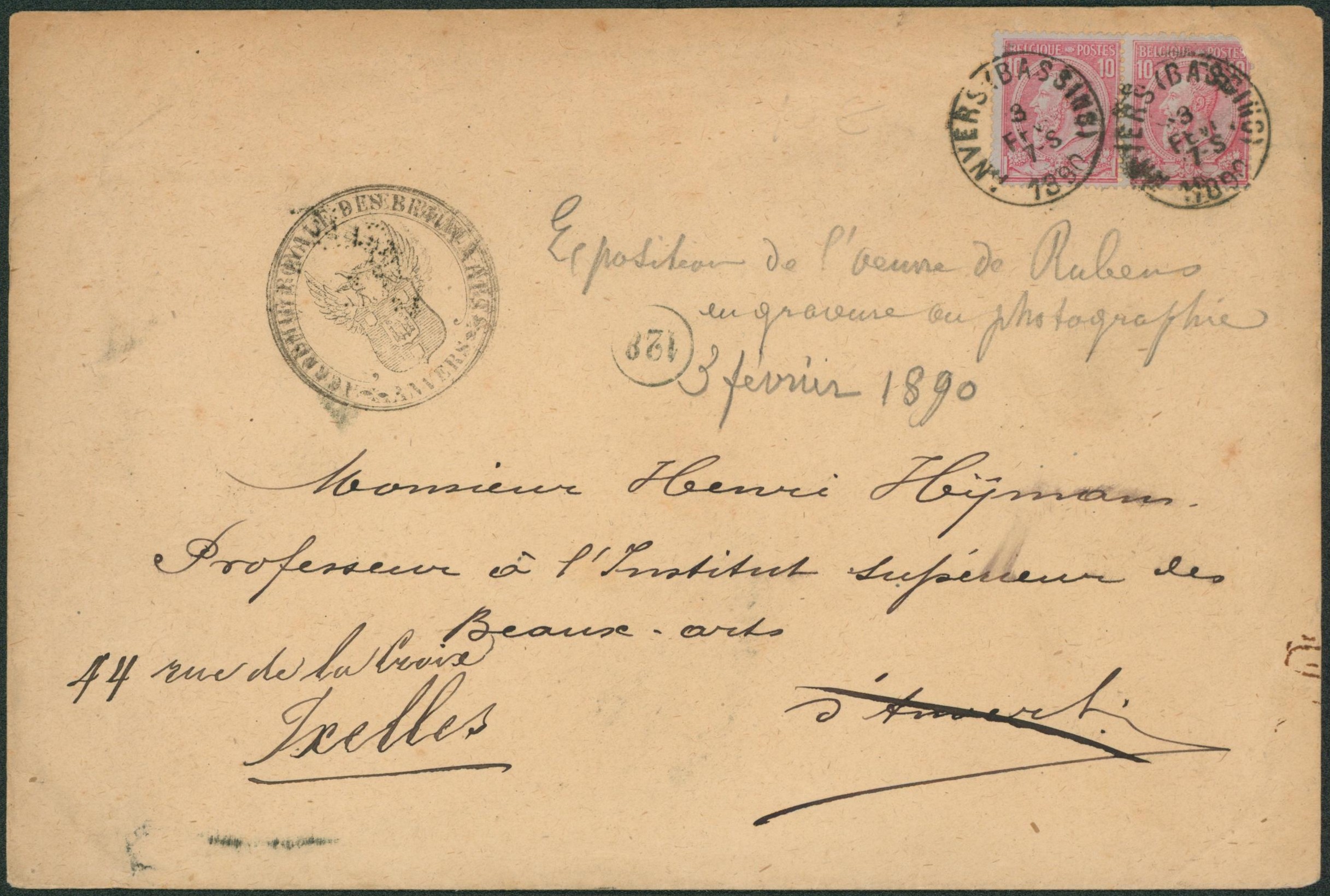 n°46 en paire sur lettre expédiée de Anvers (Bassin), exposition de l'?uvre de Rubens > Anvers suivi Ixelles.