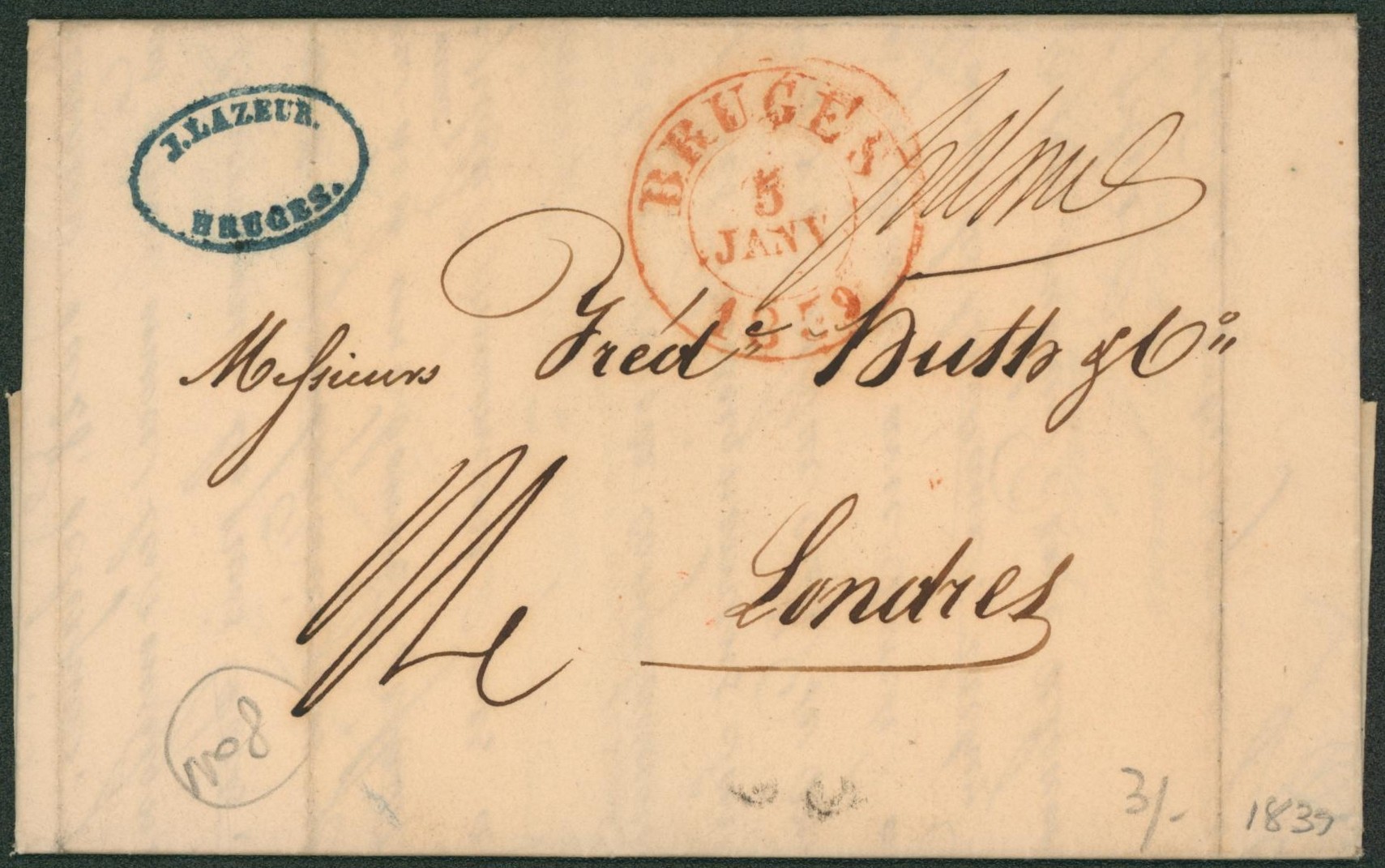 LAC datée de Bruges + cachet dateur 05/01, sans marques de départ > Londres. Taxe "7" au verso"