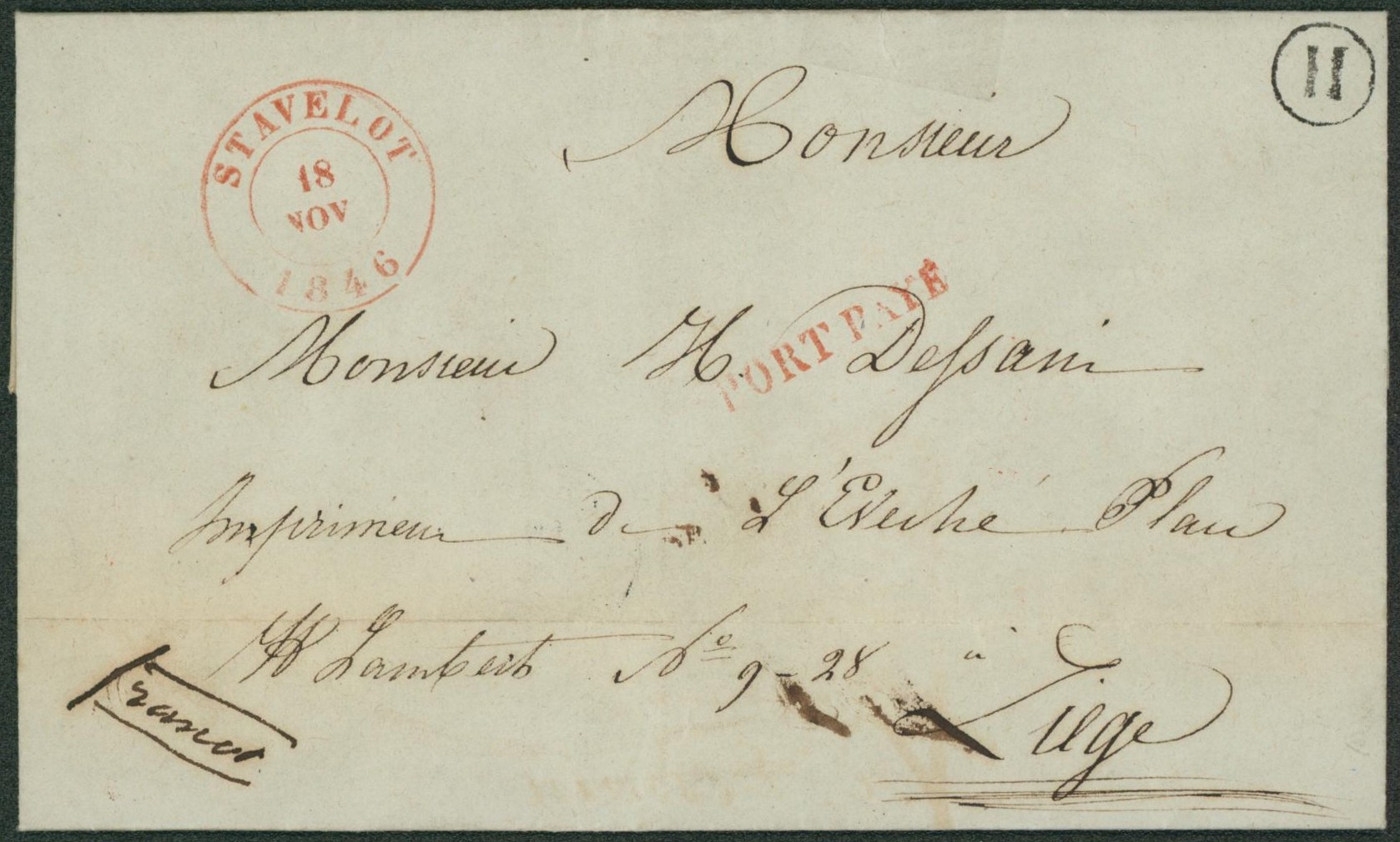 LAC + cachet dateur Stavelot, griffe PORT PAYE et boite rurale "H" (Jevigne) > Liège. Taxe "4" au verso. Superbe "