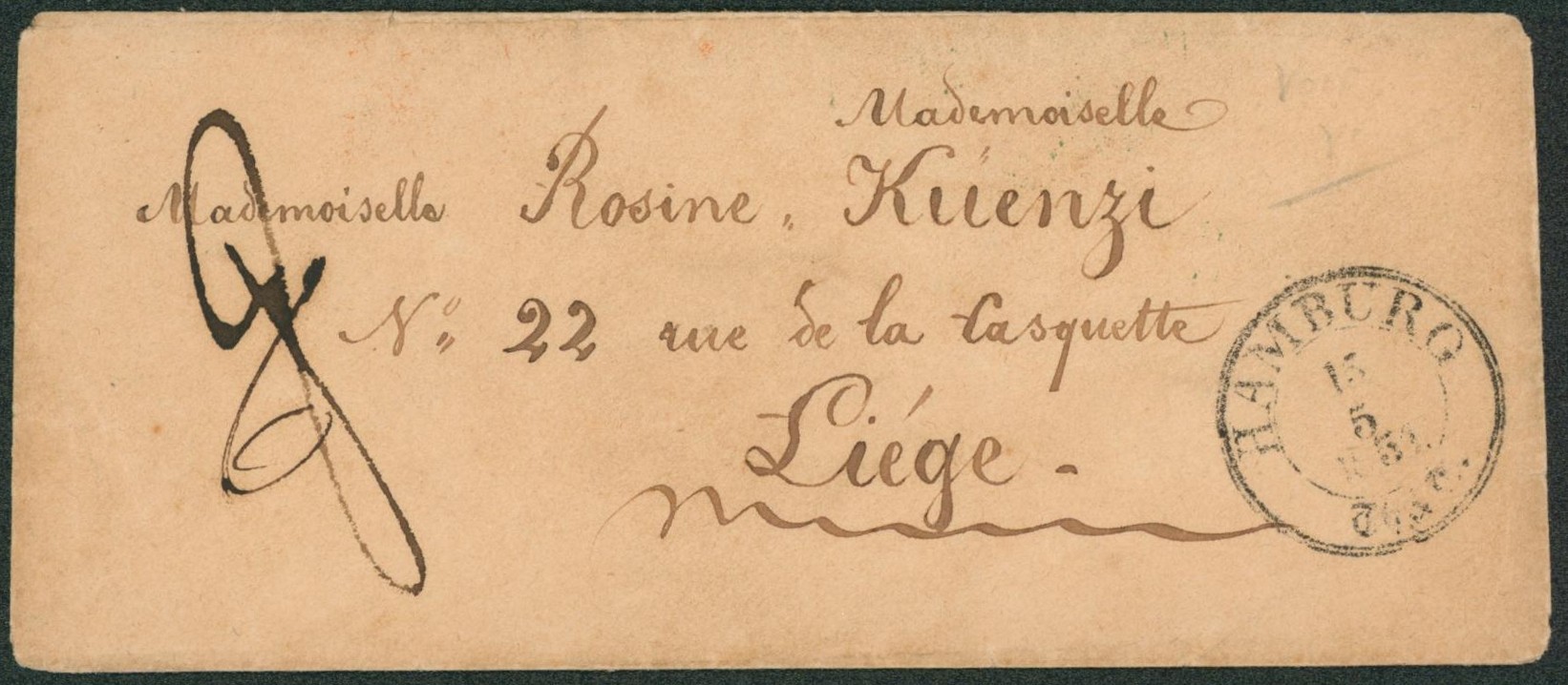Enveloppe non affranchie expédiée de Hamburg + taxe manuscrite > Liège. Verso cachet ambulant (vert) "Allemagne par chemin de fer". TB et R"