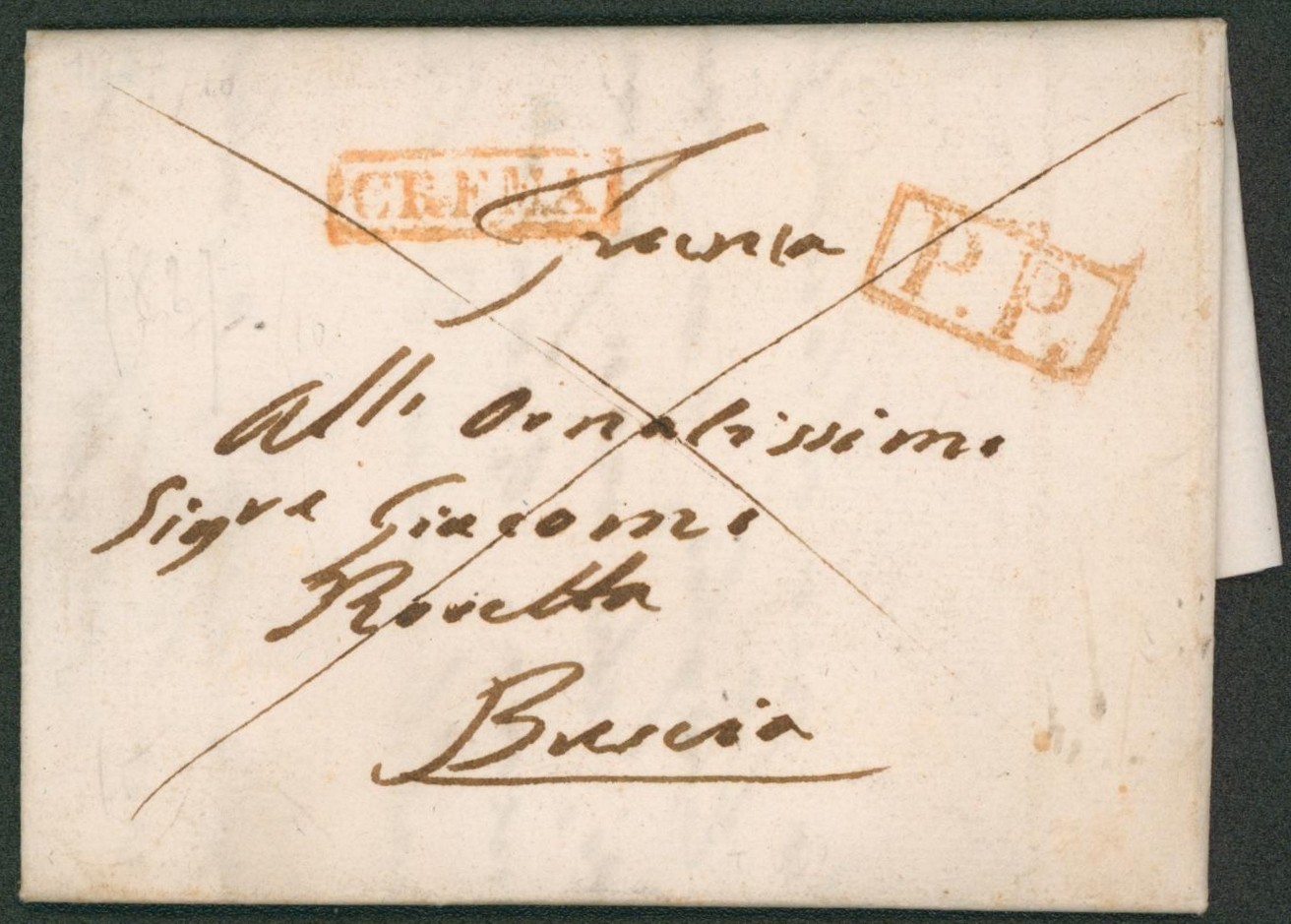 Italie - LAC datée de Crema + griffe encadrée rouge CREMA et P.P. > Brescia. Griffe peu lisible au verso + taxe manuscrite "8""