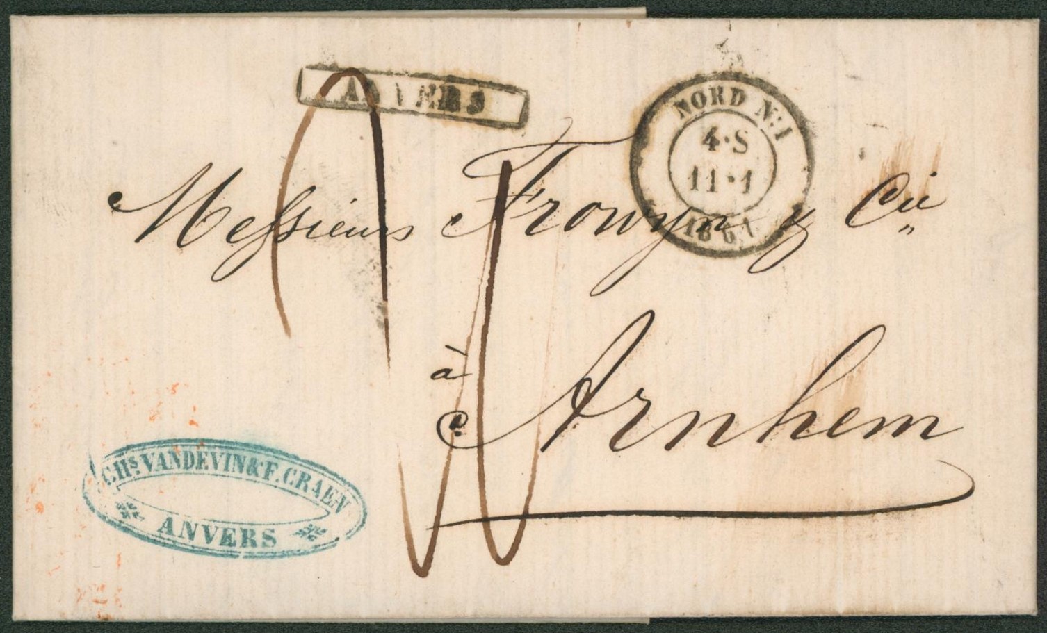 LAC non affranchie obl ambulant Nord n°1 griffe encadrée ANVERS + taxation "20" > Arnhem (Pays-Bas)"