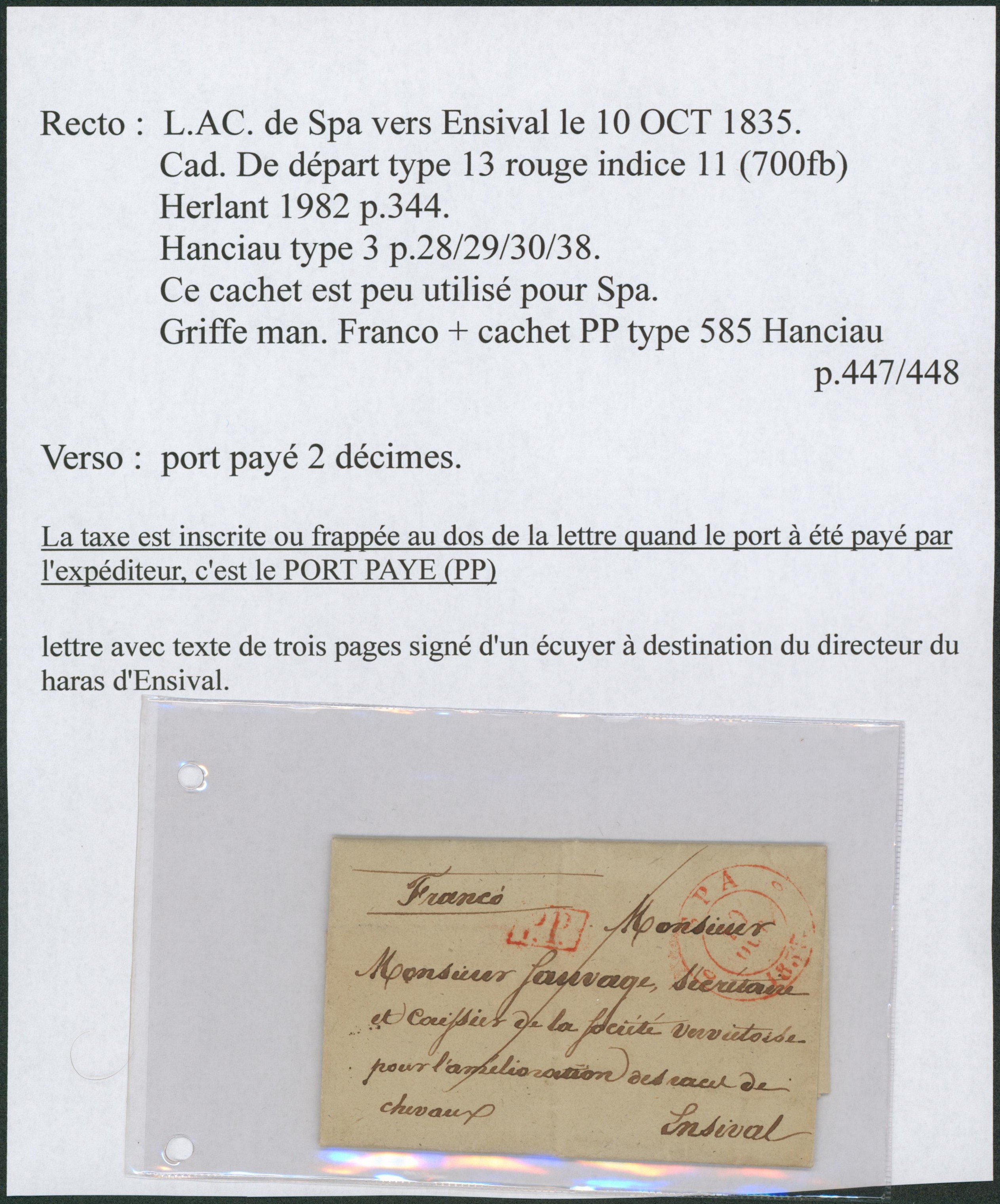 Page de collection - LAC + cachet dateur à perles T13 Spa 10/10 + griffe manuscrite "Franco" et P.P. > Ensival / Texte de 3 pages d'un écuyer."
