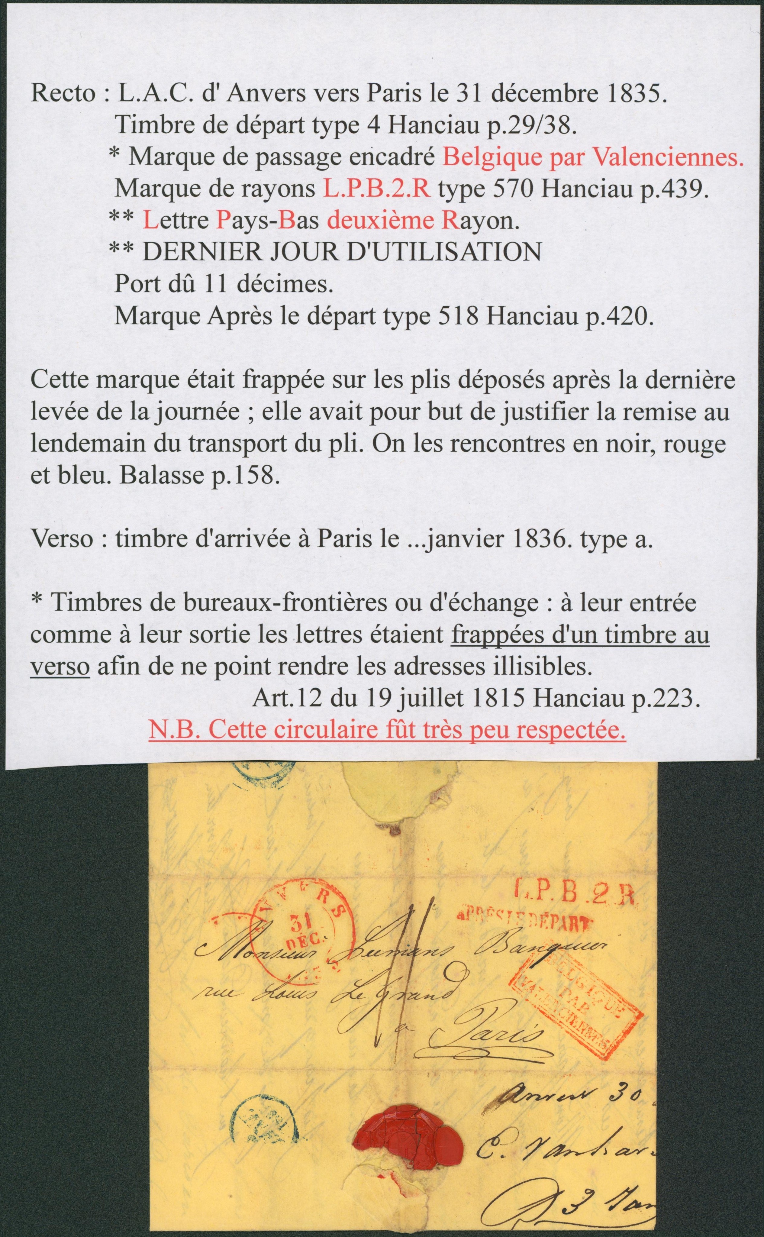 Page de collection - LAC datée de Anvers + cachert dateur, marque de rayon L.P.B.2.R. (dernier jour d'utilisation) + griffe APRES LE DEPART, encadré Belgique par Valenciennes > Paris