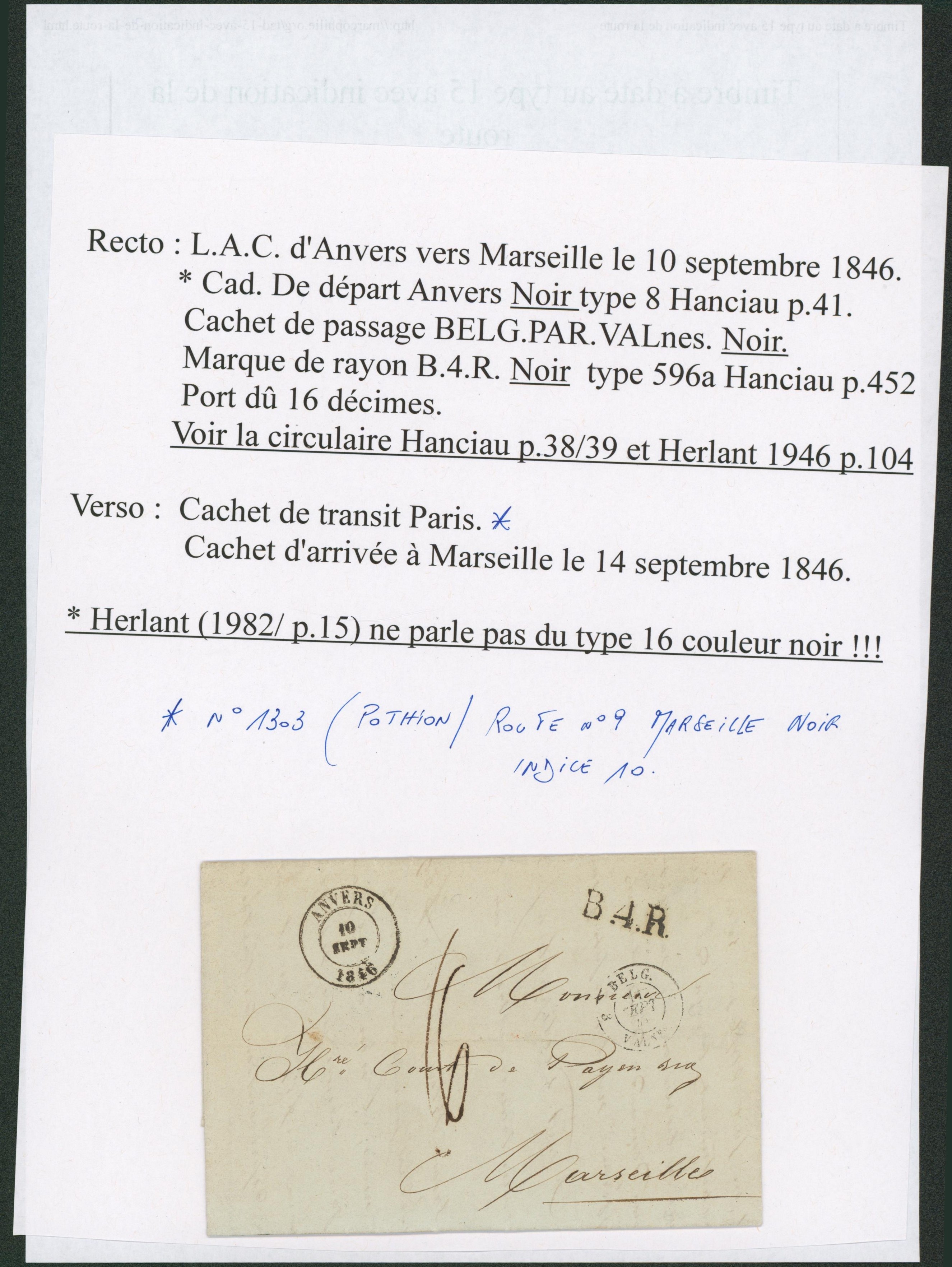Page de collection -  LAC datée de Anvers + cachet dateur, marque de rayon "B.4.R." port 16 décimes > Marseille"