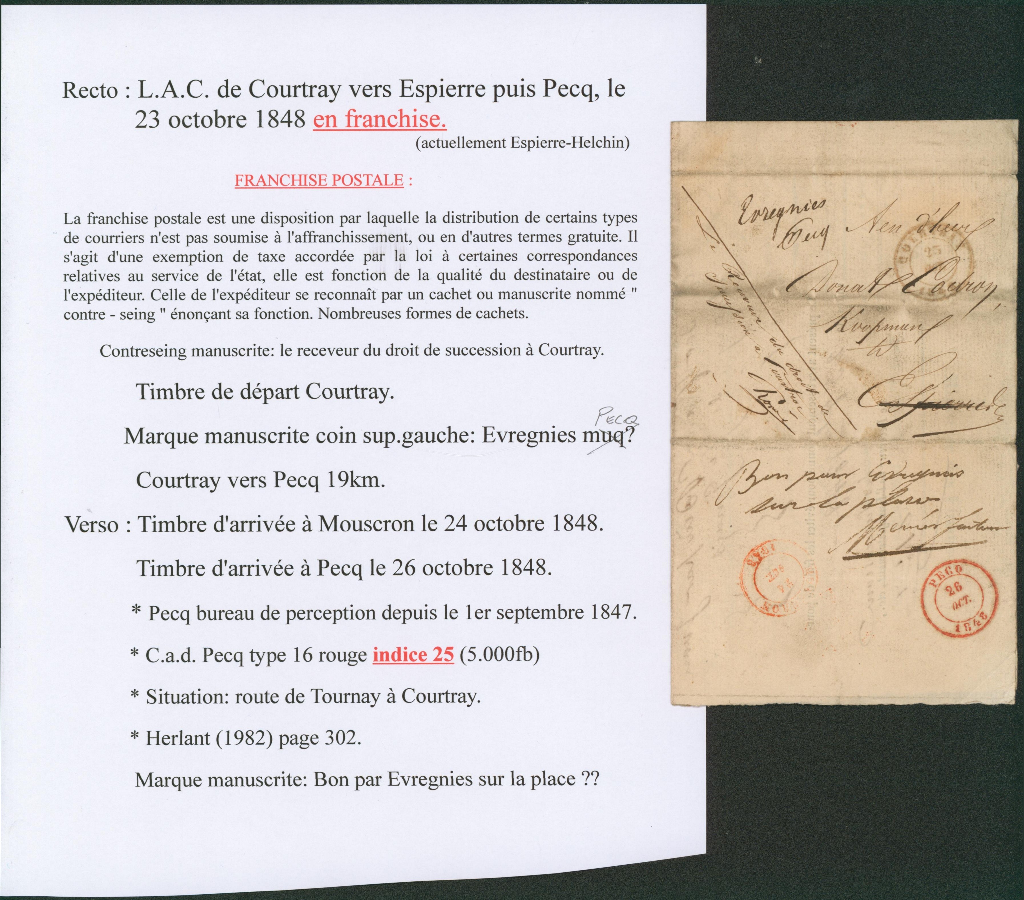 Page de collection - LAC en franchise de Courtray > Espierres, redirigé vers Pecq. Note manuscrite "Bon pour Evregnies sur la place""