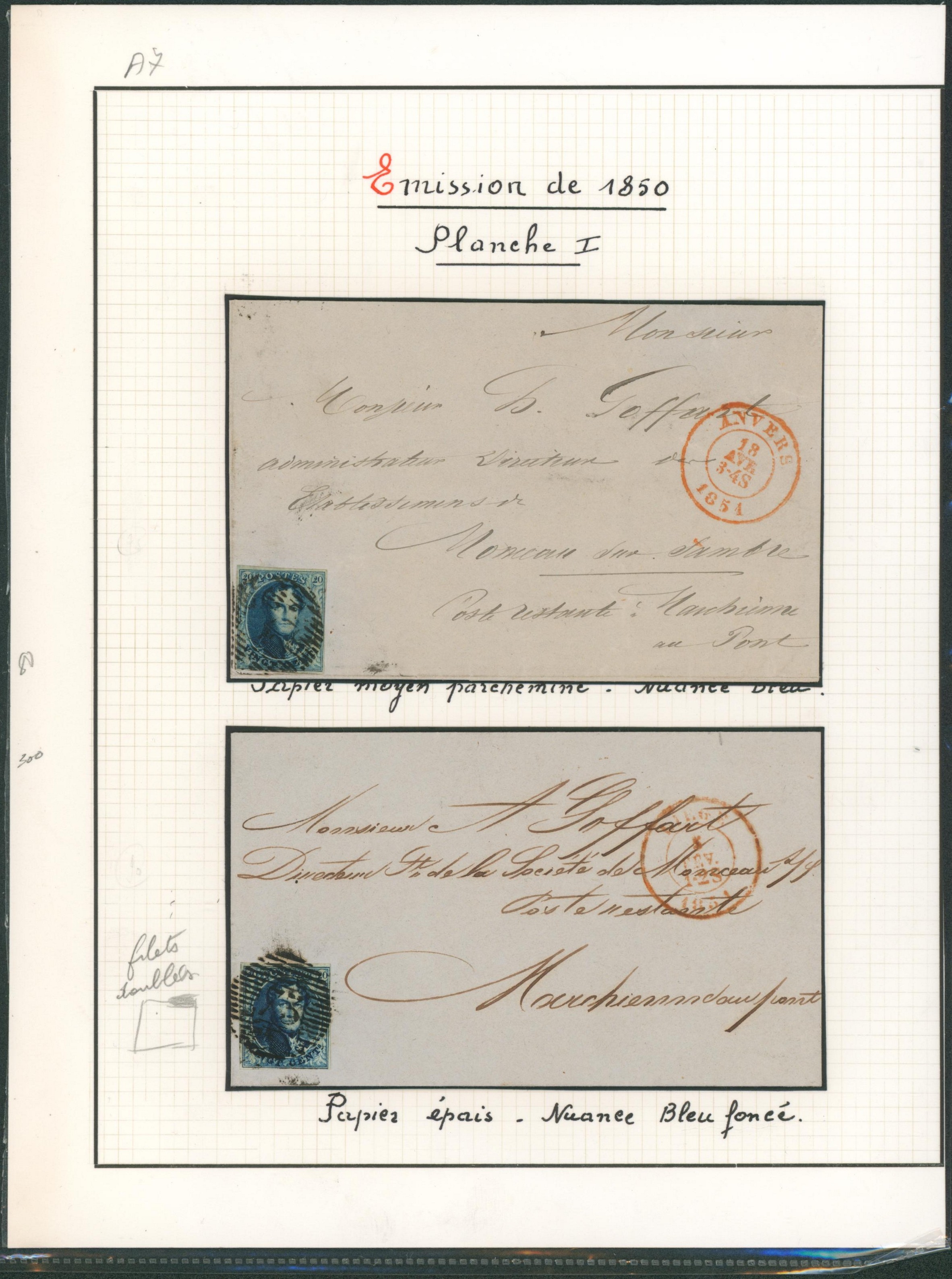 Page de collection - Planche I, n°4 sur deux lettres de Anvers & Liège > Monceau & Marchienne-au-pont. Type de papier (Papier moyen, papier épais).