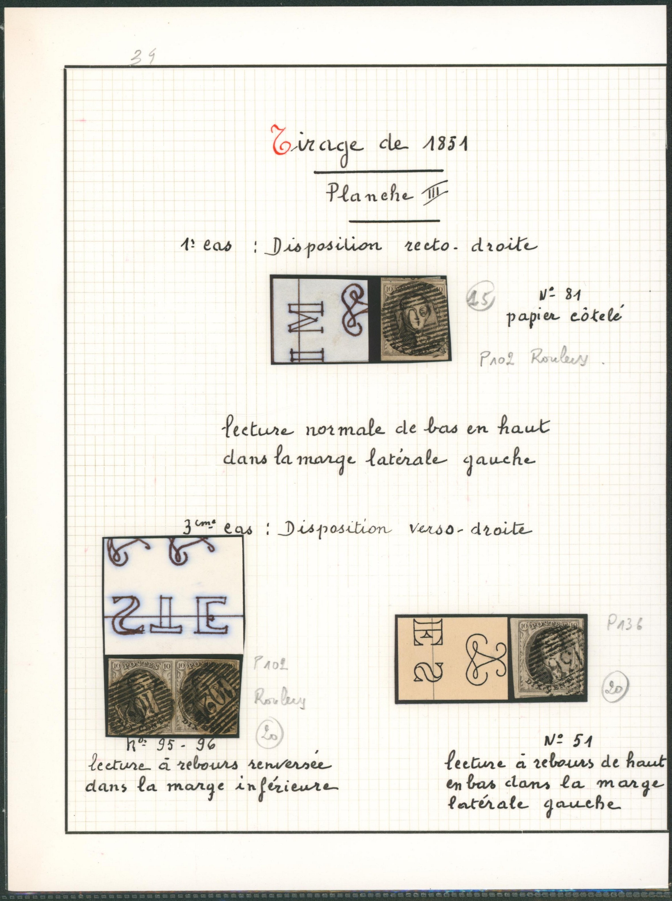 Page de collection - n°6 étude des filigrane (Planche III), 3 exemplaires dont une paire. Marge luxe ! 