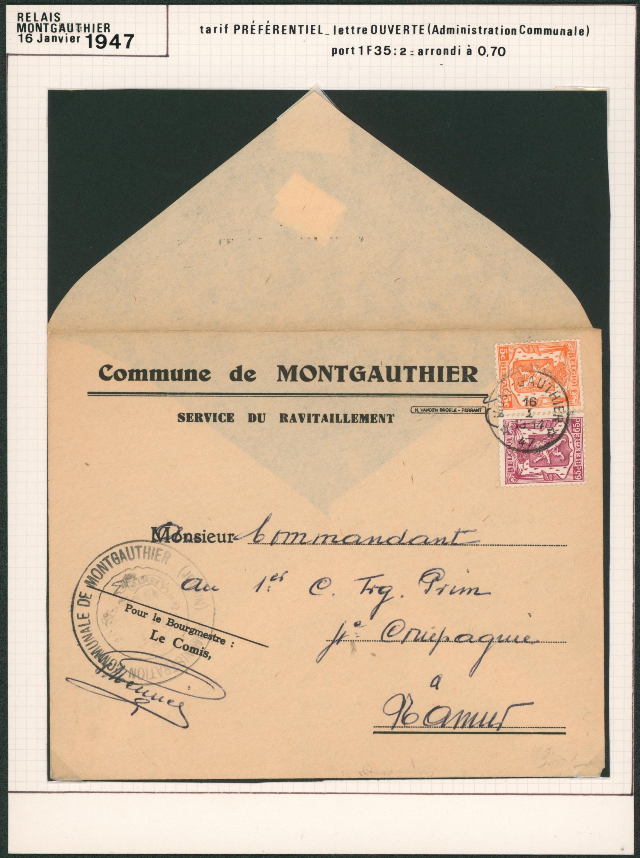 Page de collection - Petit sceau de l'état tarif préférentiel n°419 et 711 sur lettre de la commune de Montgauthier çàd cachet relais > Namur. 