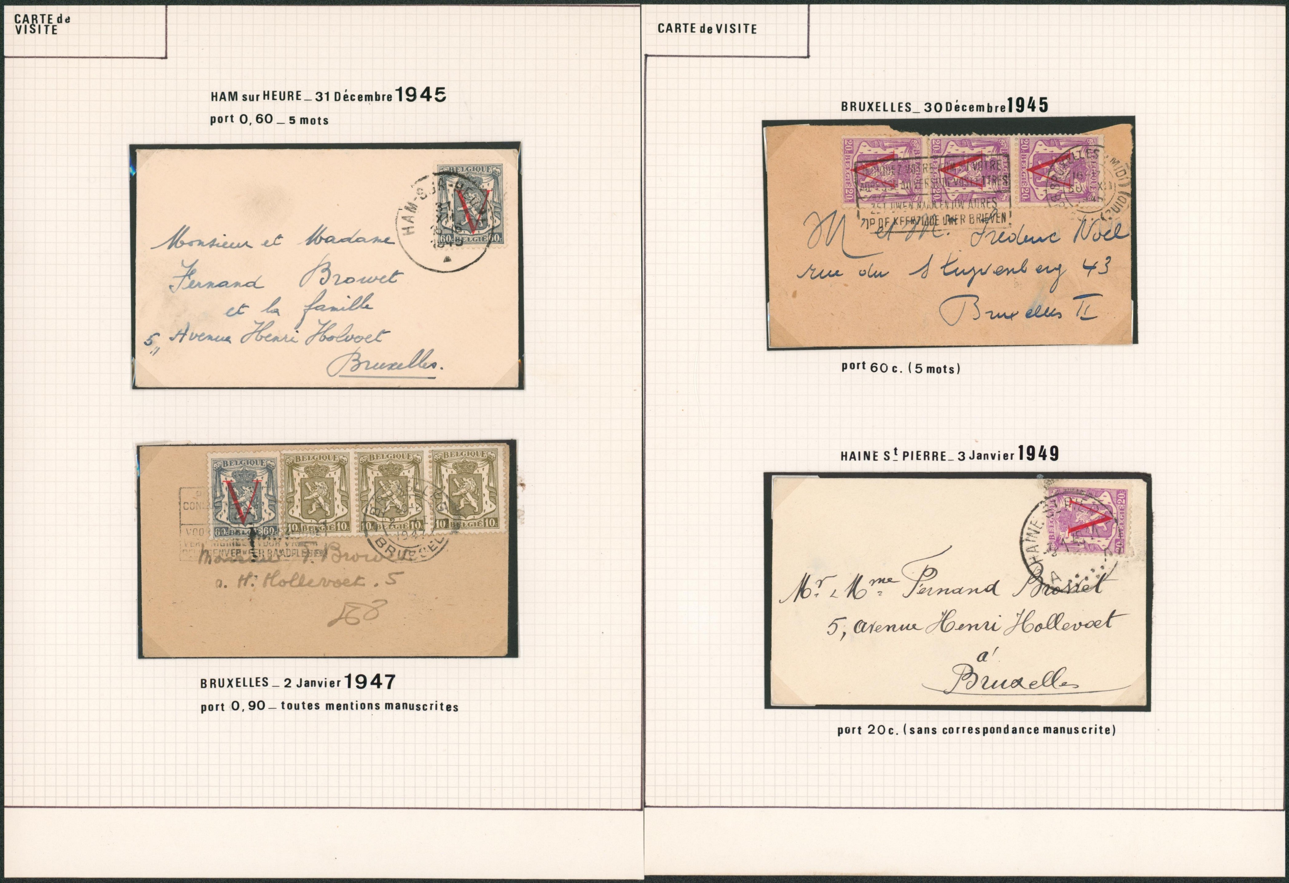 Page de collection - petit sceau de l'état type V, ensemble de 4 enveloppes format carte de visite tarif différent. TB 