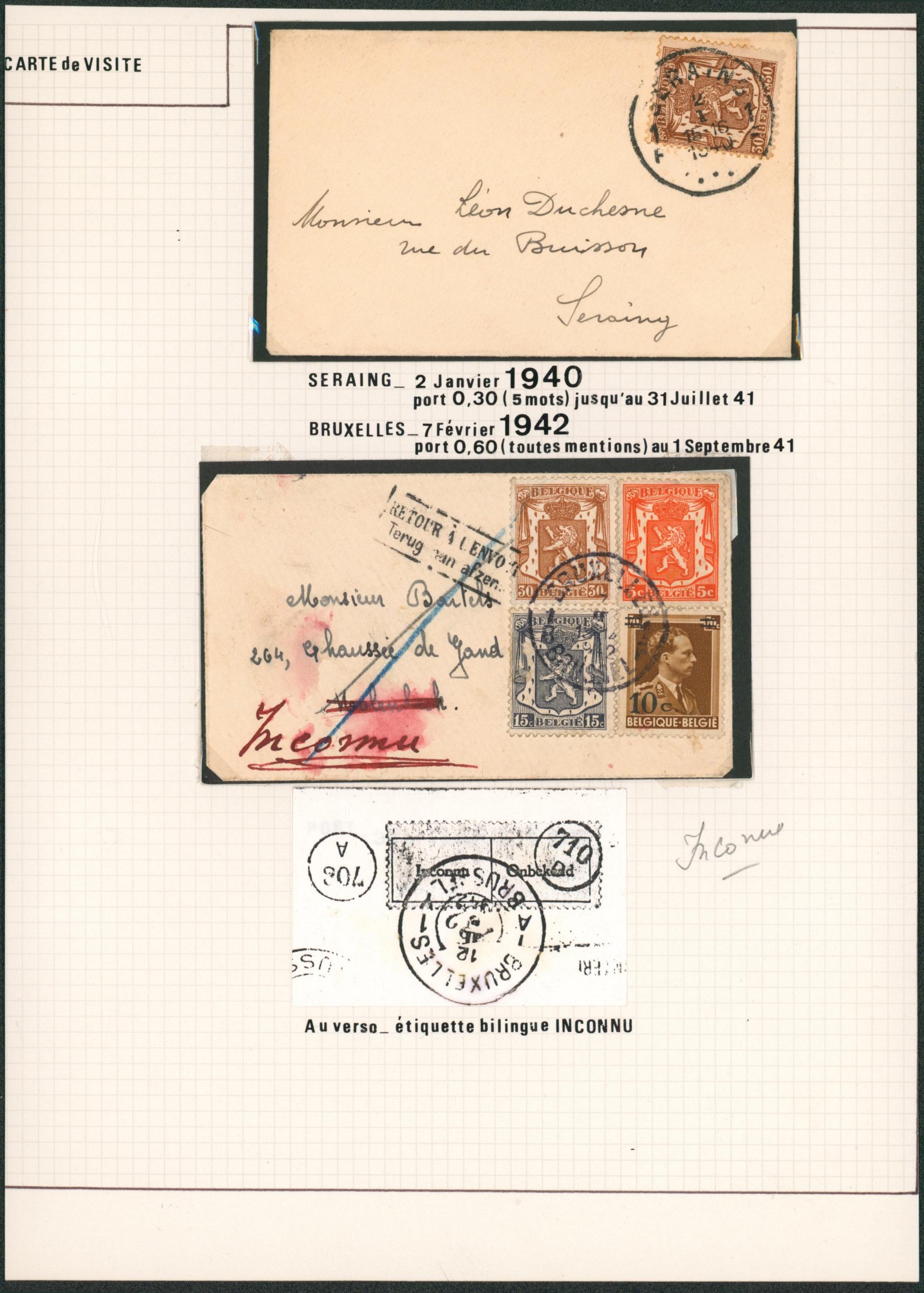 Page de collection - ensemble de 2 enveloppes format carte de visite (tarif simple + changement de tarif) / retour à l'envoyeur.