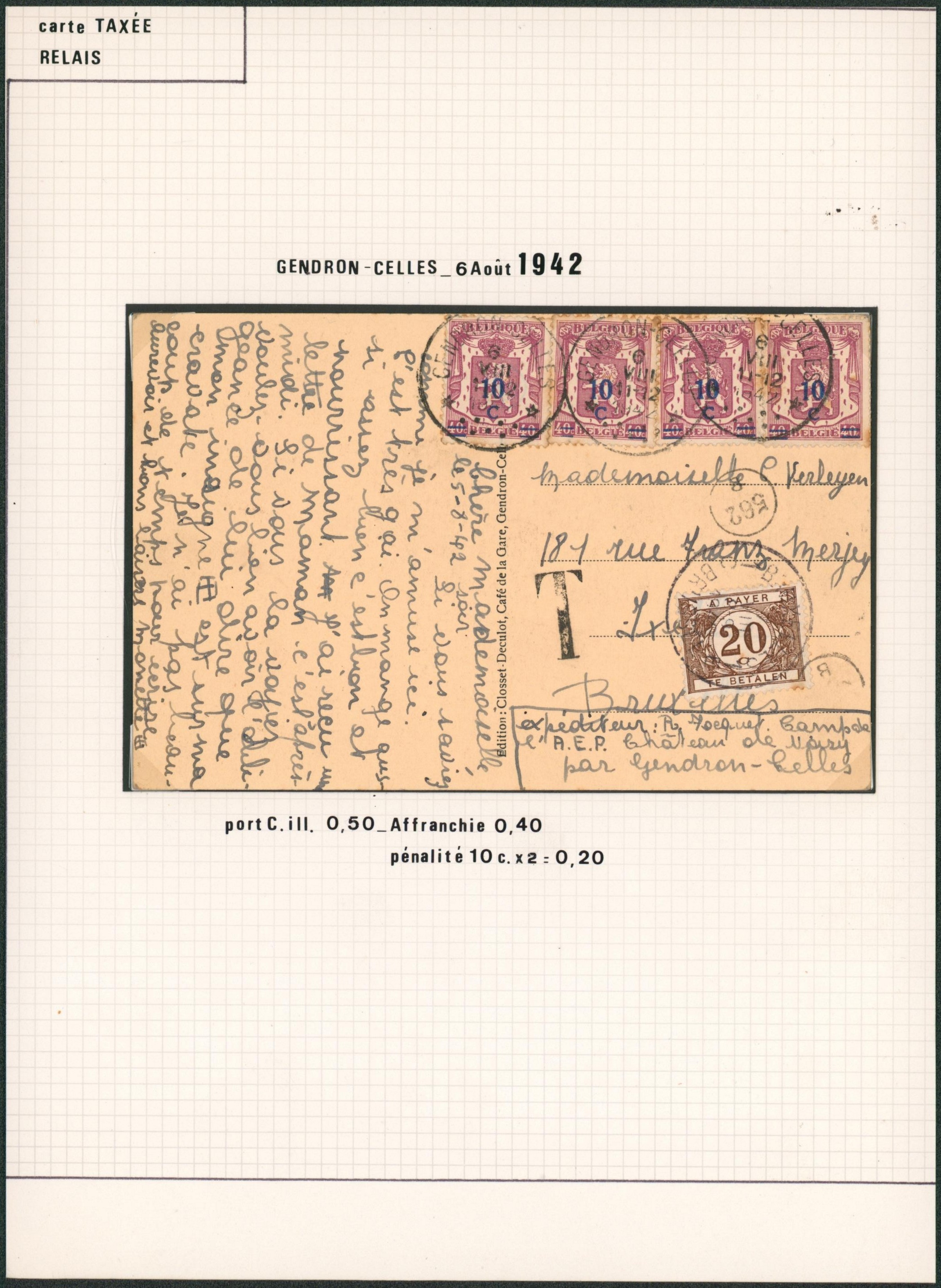 Page de collection - Petit sceau de l'état n°569 x4 sur CP obl relais "Gendron-celles" > Bruxelles, taxée à 20ctm ! "
