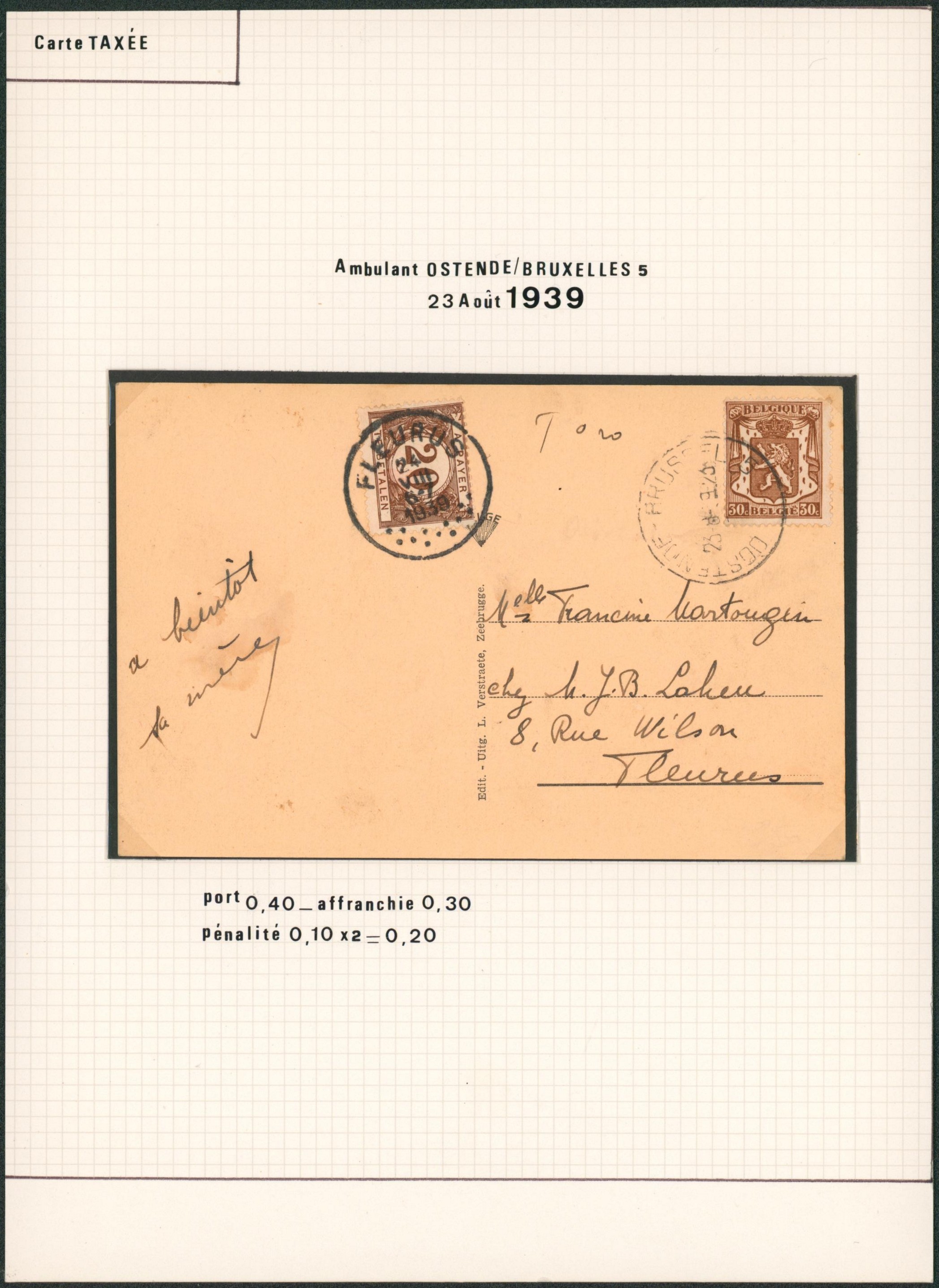 Page de collection - Petit sceau de l'état n°424 sur CP obl ambulant Ostende-Bruxelles > Fleurus, taxé à 20ctm
