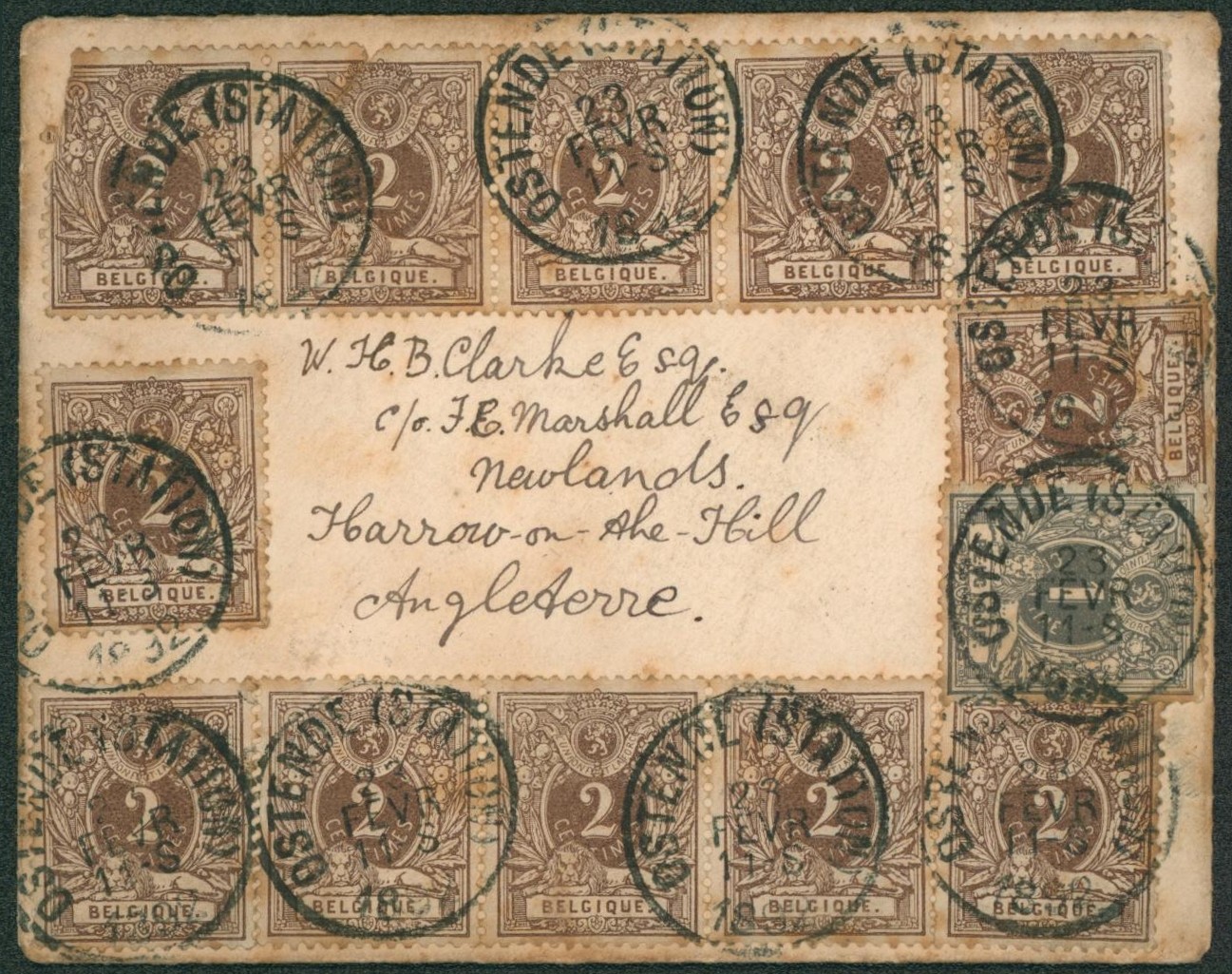 n°43 et 44 x12 (dont un touché) sur petite enveloppe obl simple cercle "Ostende (station)" > Harrow on the hill (Angleterre). "