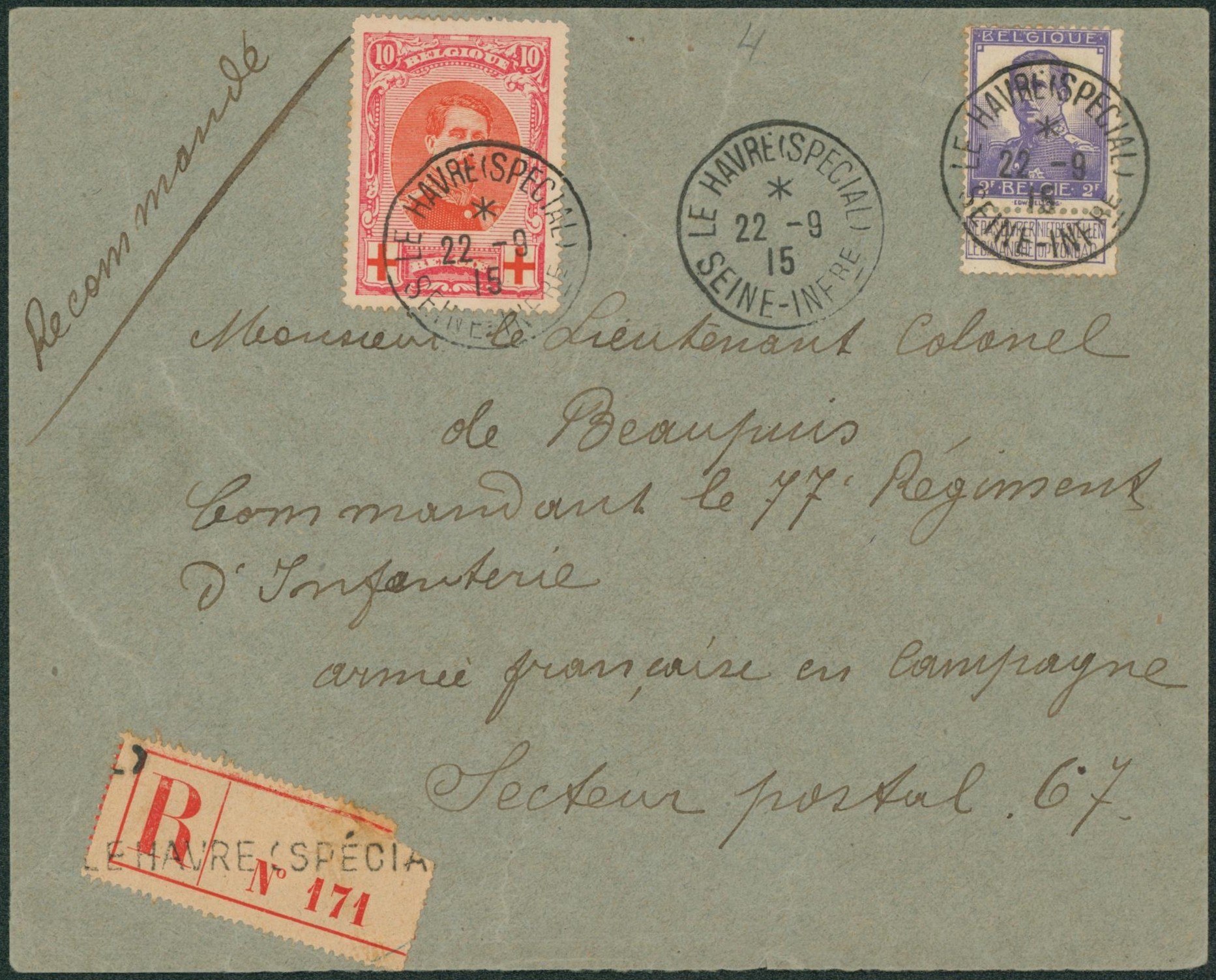 n°117 et 133 sur lettre en recommandé de Le havre spécial > armée française en campagne, secteur postal 67