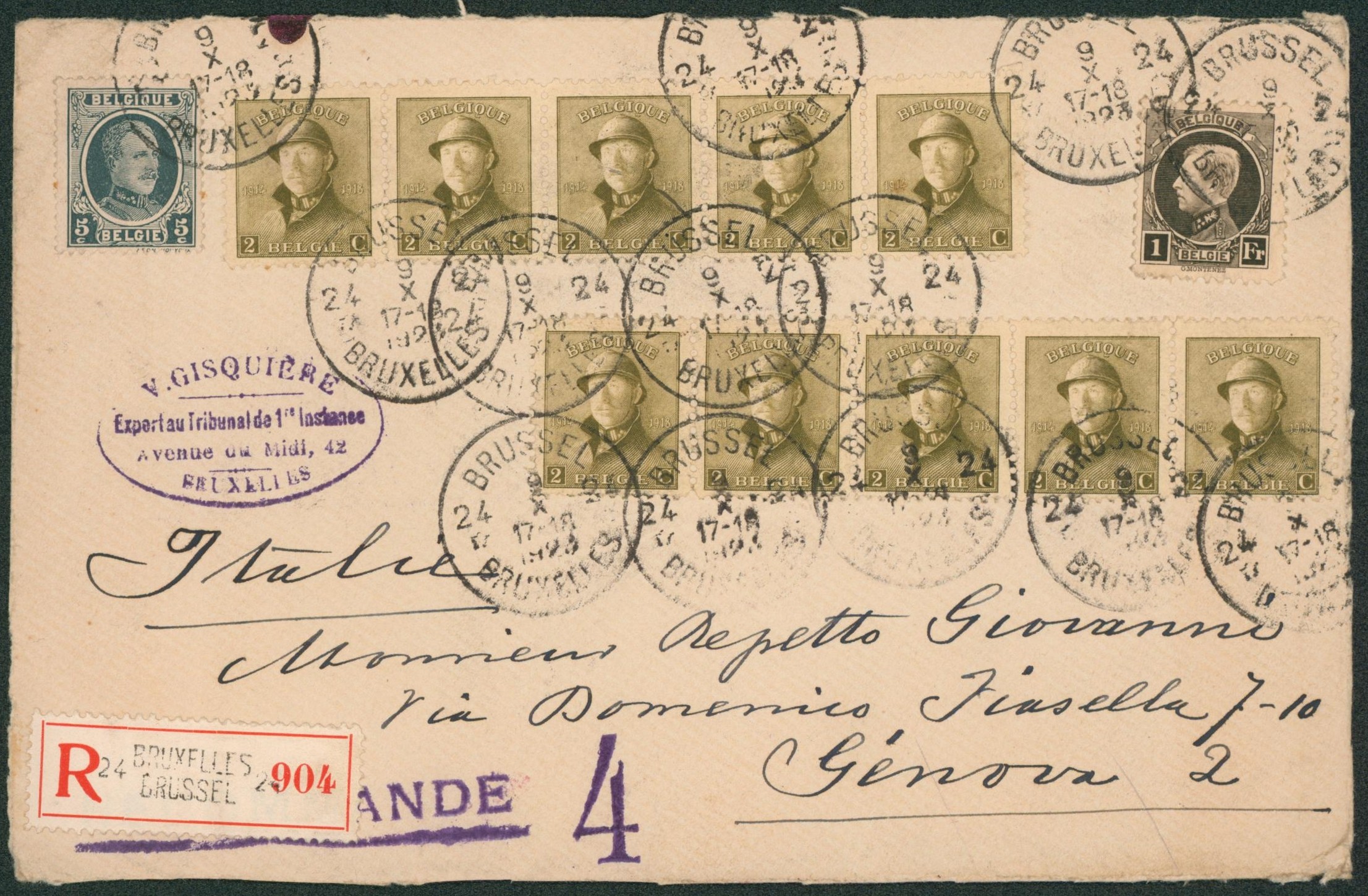 n°214, 193 et  166 x10 (deux bandes de 5) sur DEVANT de lettre en recommandé + obl agence Brussel / Bruxelles 24 > Genova (Italie)