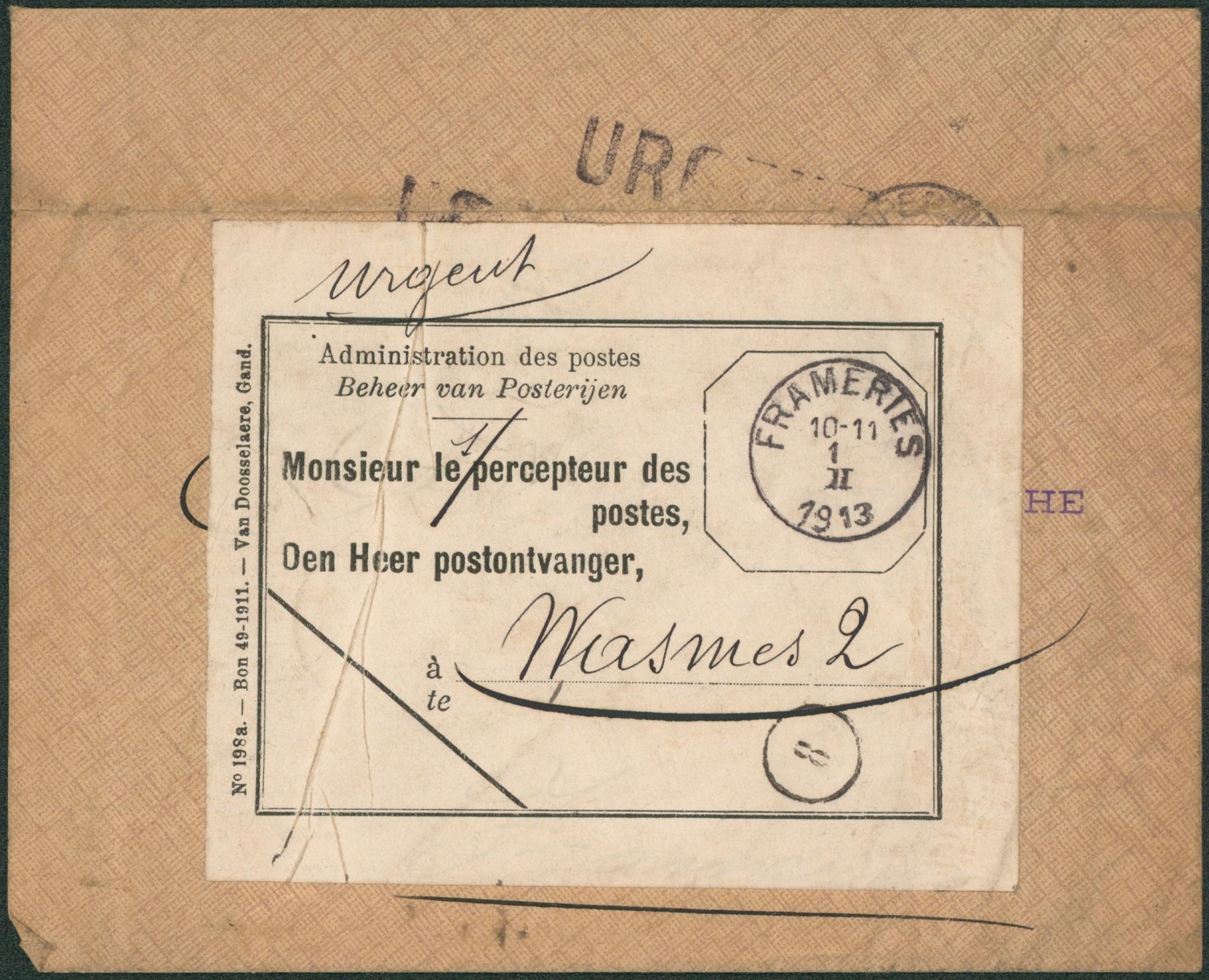 Lettre déchirée + grande étiquette de réparation "Administration des postes, monsieur le percepteur des postes" (Frameries) > Wasmes. TB"