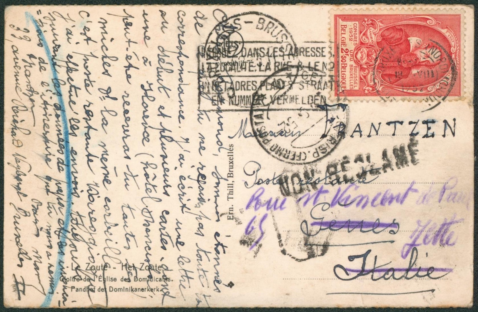 U.P.U. - n°883 sur CP vue expédiée de Bruxelles (Nord) > Gènes (Italie), non réclamé, retour à Jette au crayon.