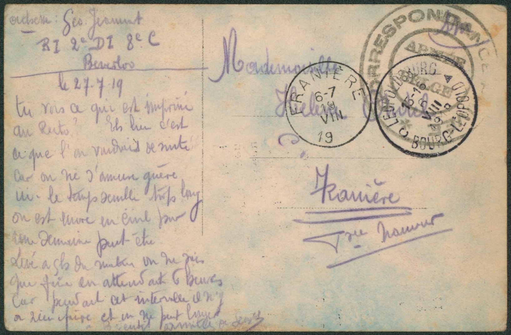 CP fantaisie en S.M. + grand cachet correspondance privée / Armée belge expédié de Leopolsburg > Franière