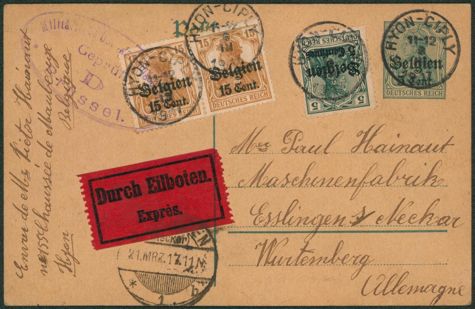 EP au type 5ctm vert + OC2 et OC15 ne paire en expres de Hyon-ciply > Esslingen-s-Neckar (Allemagne)