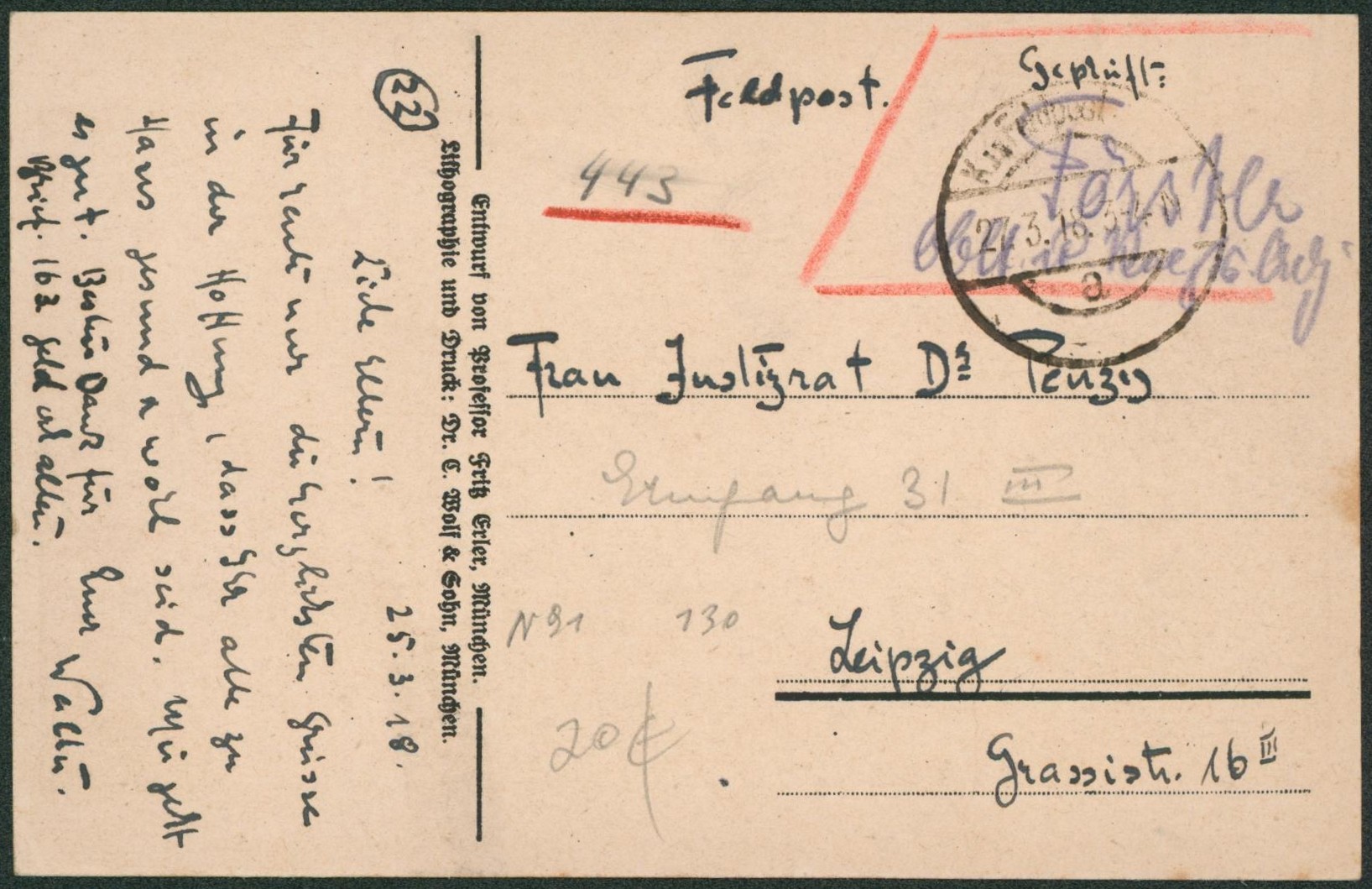 Allemagne - CP feldpost illustré obl à pont "K.D. Feldpost" > Leipzig / Zeichner kriegsanleihe, aviateur."