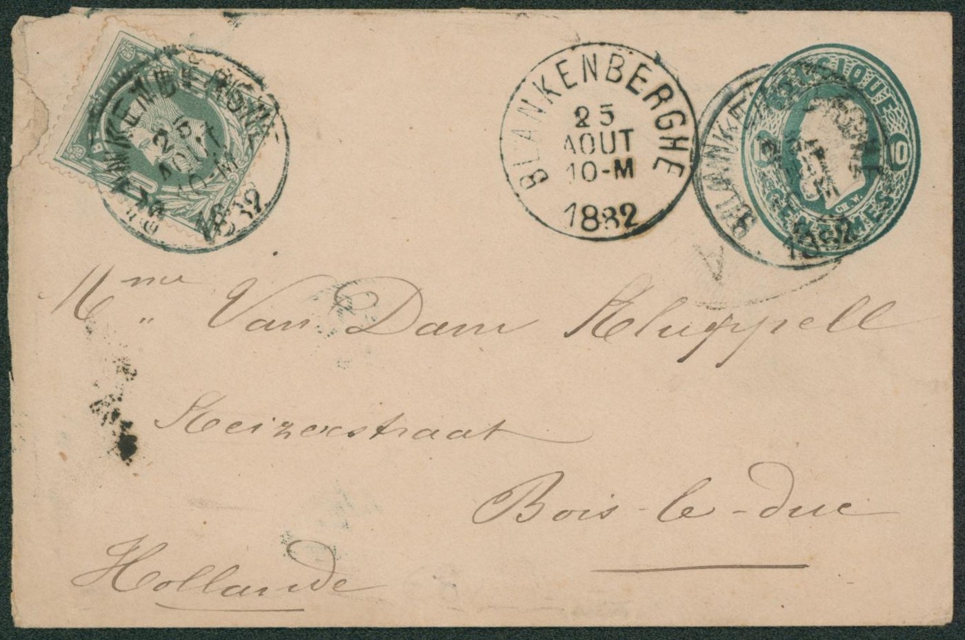 EP au type petite env. 10ctm vert + n°30 expédié de Blanckenberghe > Bois le duc (Hollande)