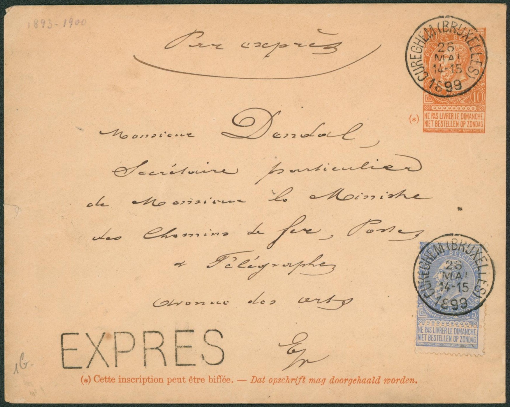 Ep au type Env. 10ctm orange + n°60 en expres de Cureghem (Bruxelles) Luxe ! > La ville, monsieur le ministre des chemins de fer, postes & télégraphe.
