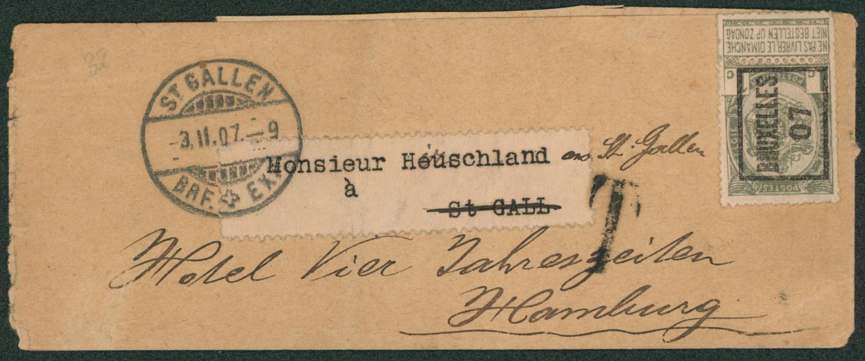 n°53 + Typo BRUXELLES 07 sur bande pour imprimée (complète) > St-Gallen (Suisse)