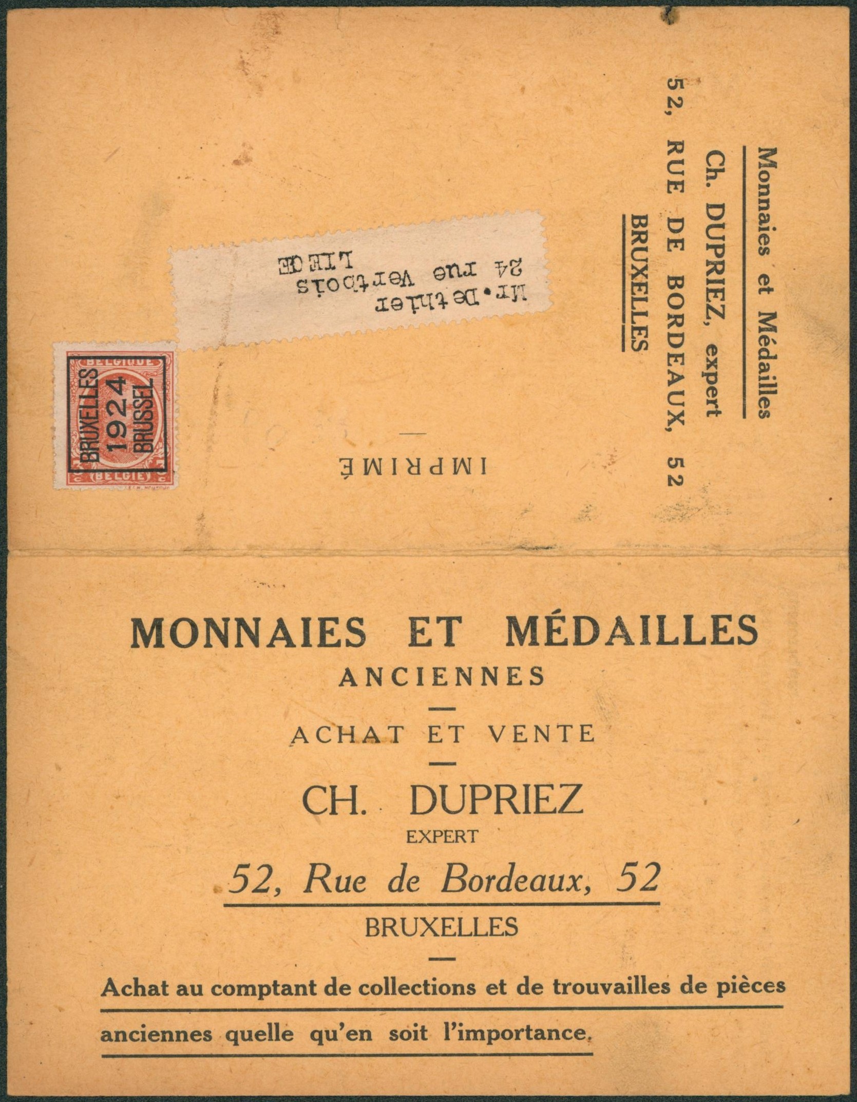 n°192 typo BRUXELLES 14 BRUSSEL sur imprimé dépliant (Monnaies et médailles anciennes) > Liège.