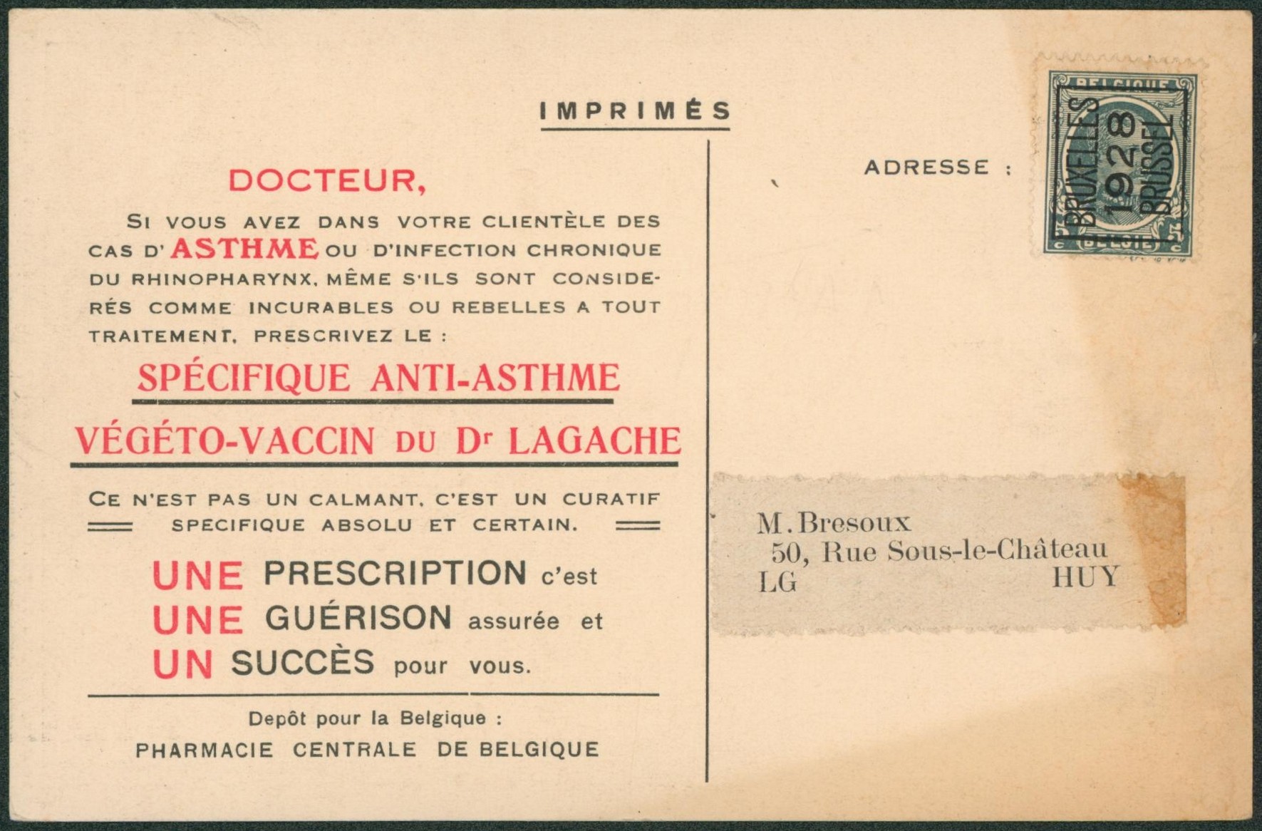 n°193 typo BRUXELLES 1928 BRUSSEL sur CP imprimée (thématique santé, spécifique anti-asthme) > Huy 