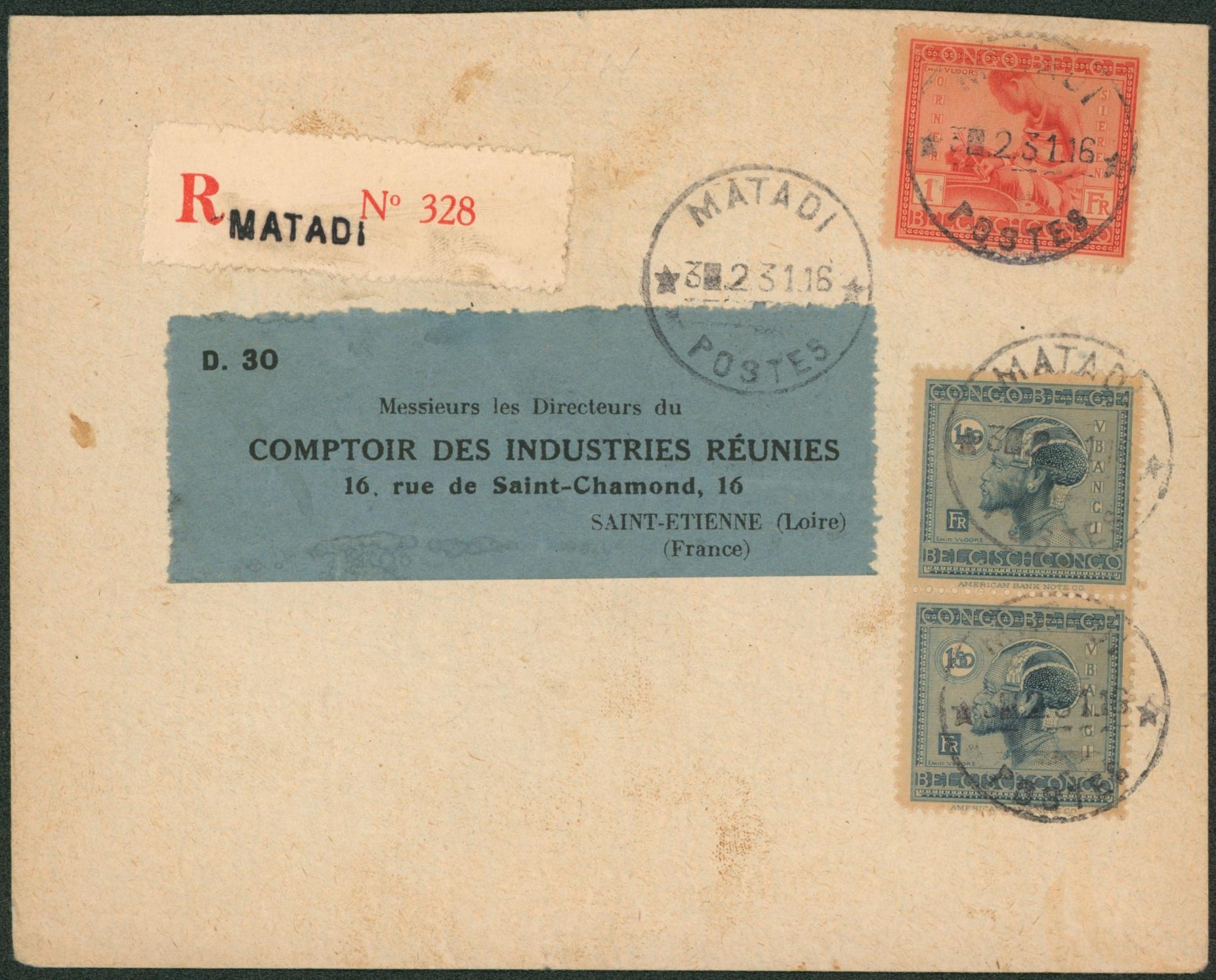 Congo Belge - Vloors soit 4F sur lettre en recommandé expédiée de Matadi > Saint-Etienne (France)
