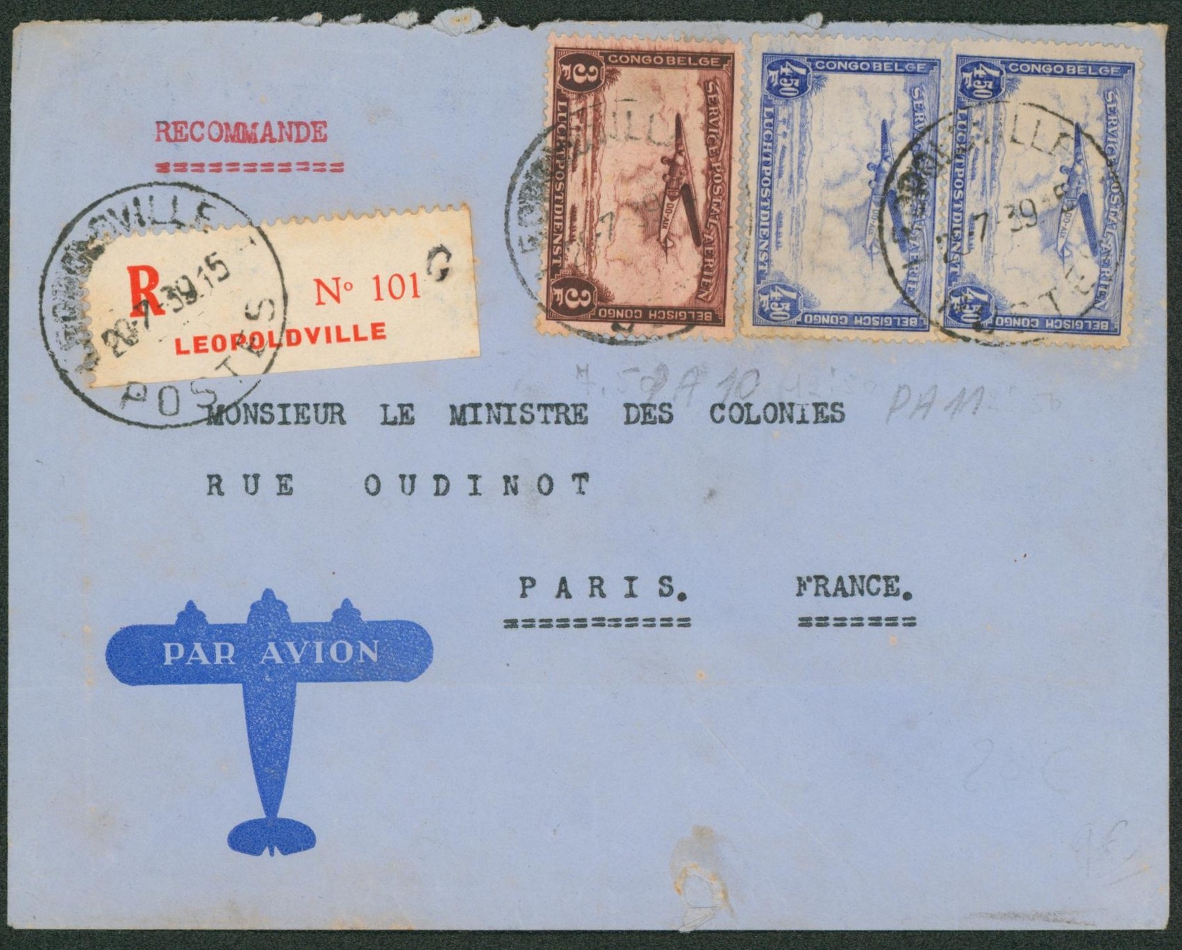 Congo Belge - PA10 et PA11 x2 sur lettre en recommandé par avion de Léopoldville > Paris. Cachet de cire
