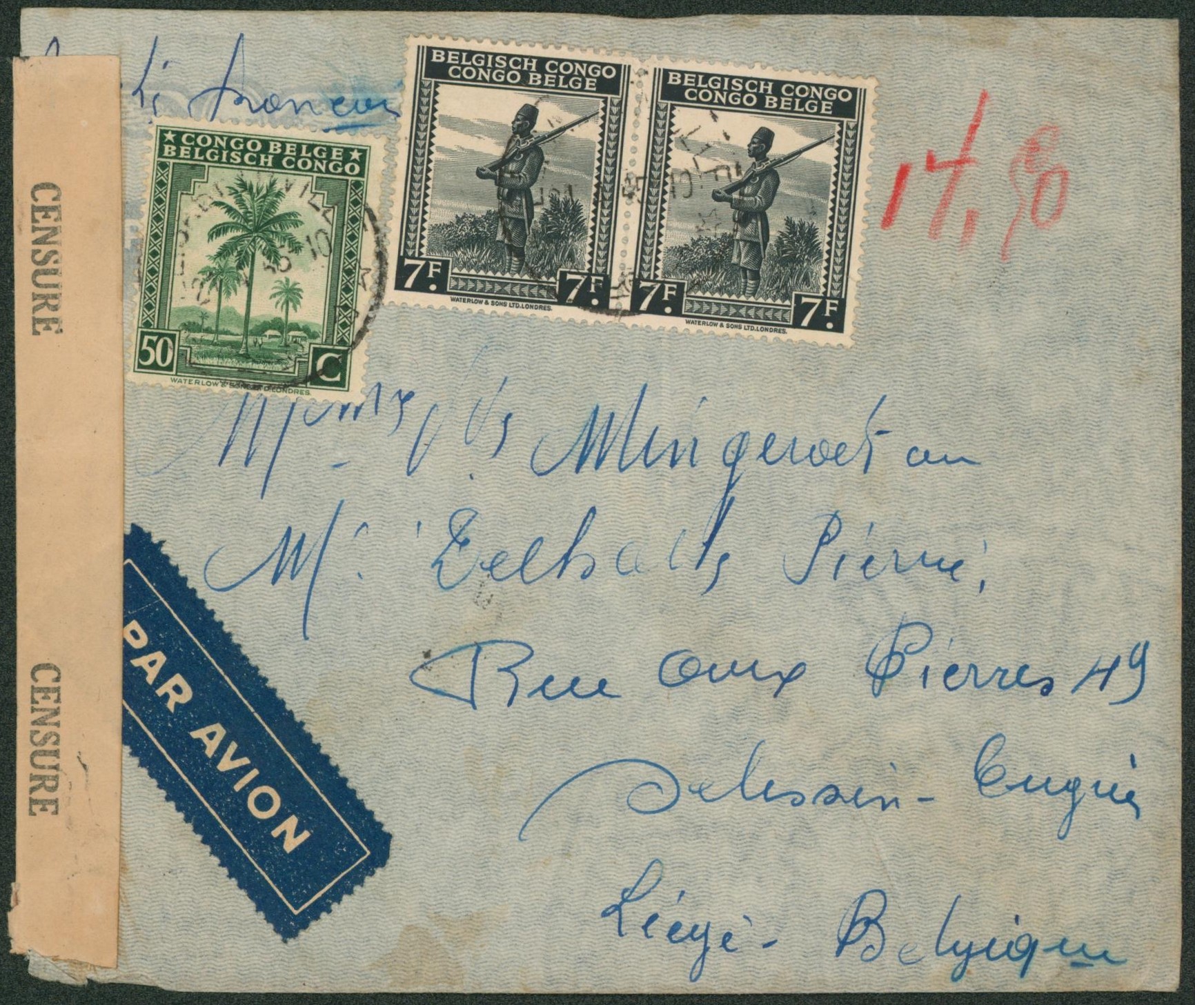 Congo Belge - n°244A x2 et 254 sur lettre par avion de Elisabethville + bandelette de censure, via Léopoldville > Liège. 