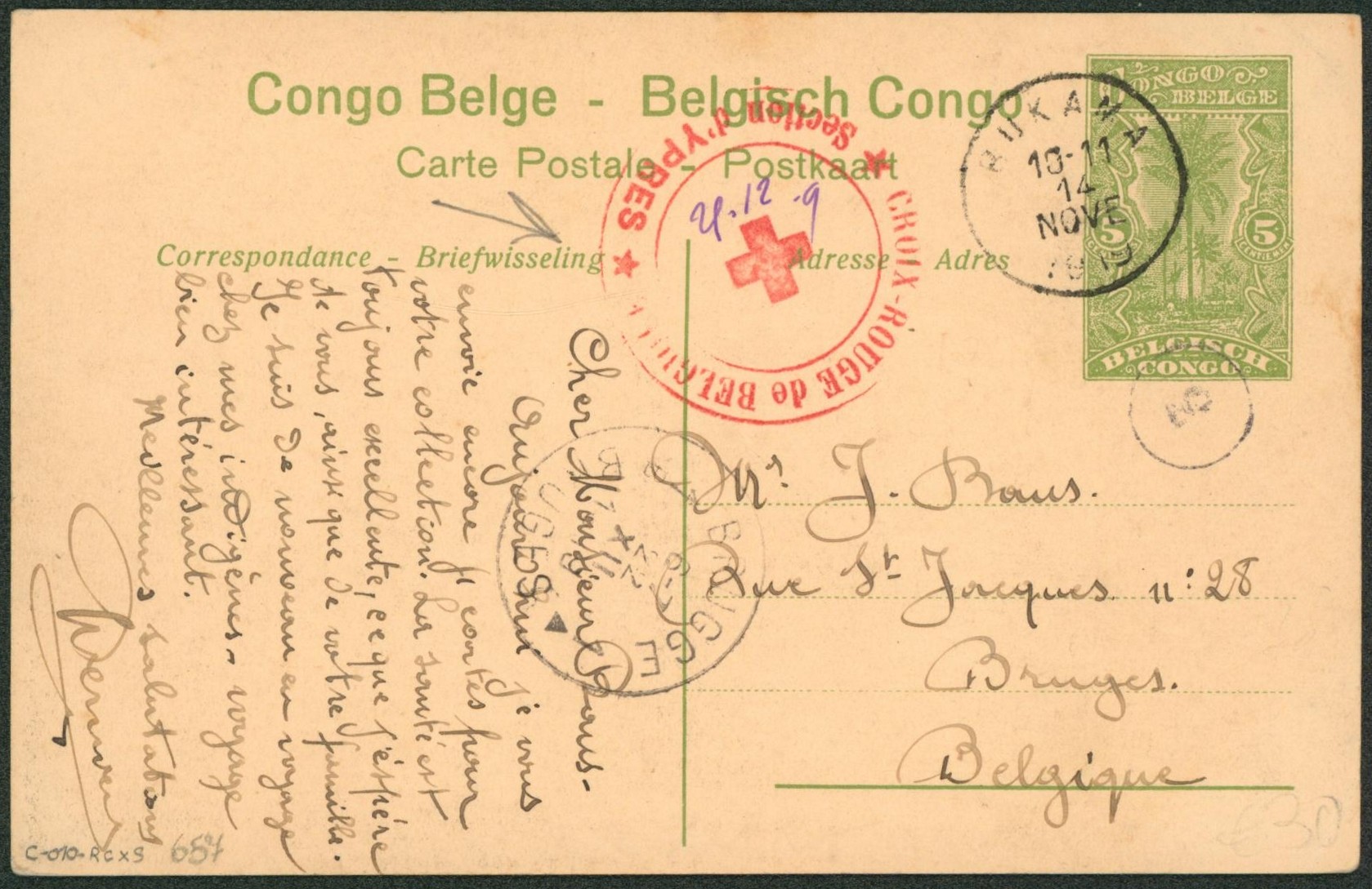 Congo Belge - EP vue au type 5ctm vert palmier (vue n°41) expédié de Bukama + cachet croix rouge de Belgique / Section d'Ypres > Bruges, Brugge.