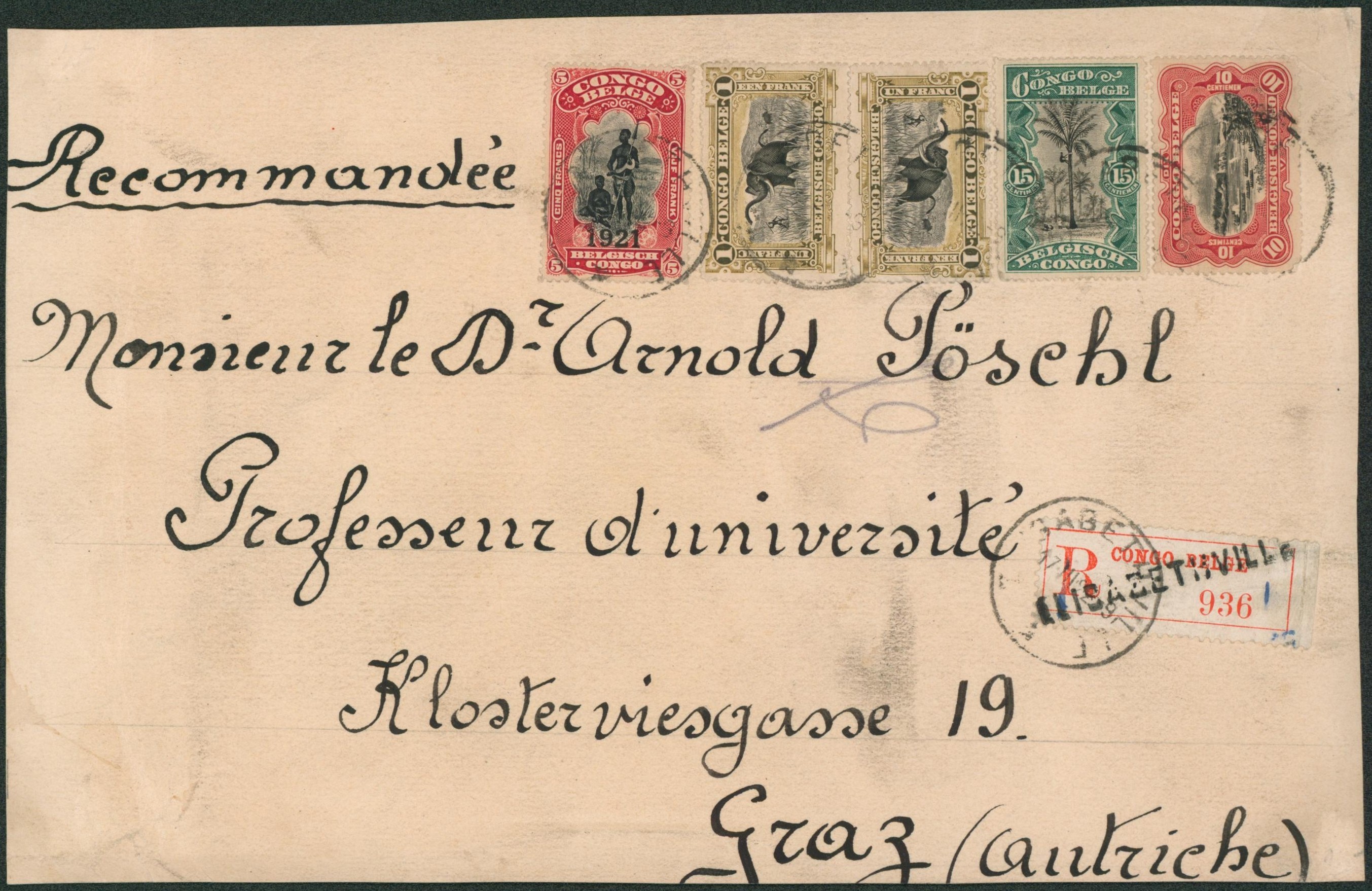 Congo Belge - Mols bel affranchissement coloré (7F25) sur DEVANT de colis en recommandé de Elisabethville > Graz (Autriche). Superbe 