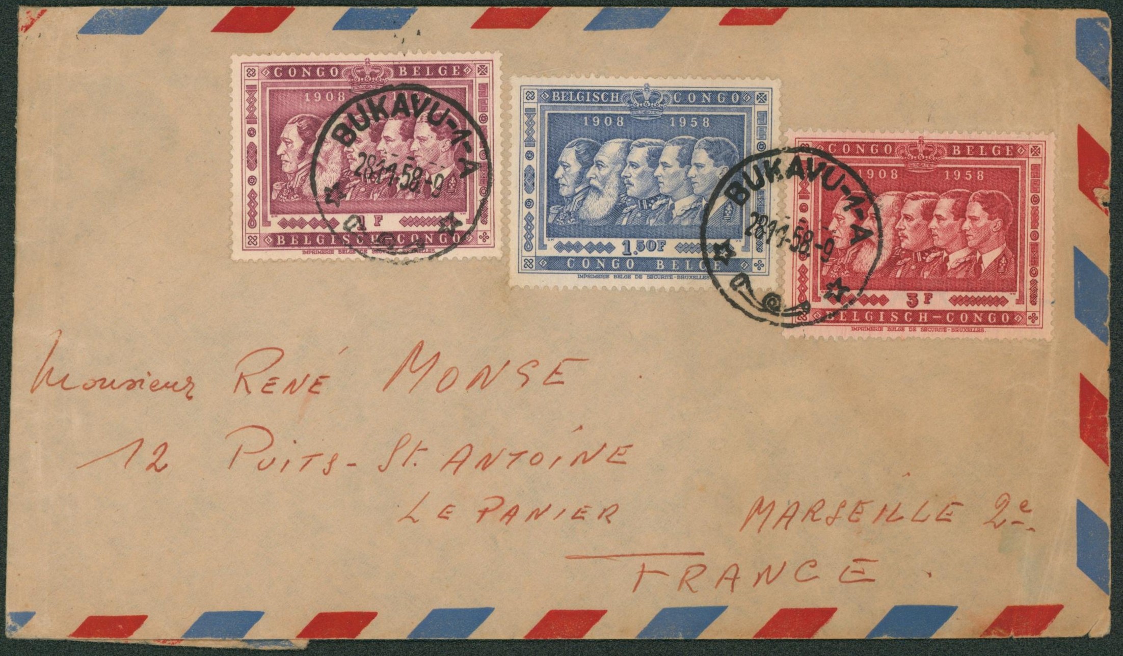 Congo Belge - Affranch. Tricolore sur lettre (une partie repliée) par avion de Bukavu-1-A > Marseille (France)