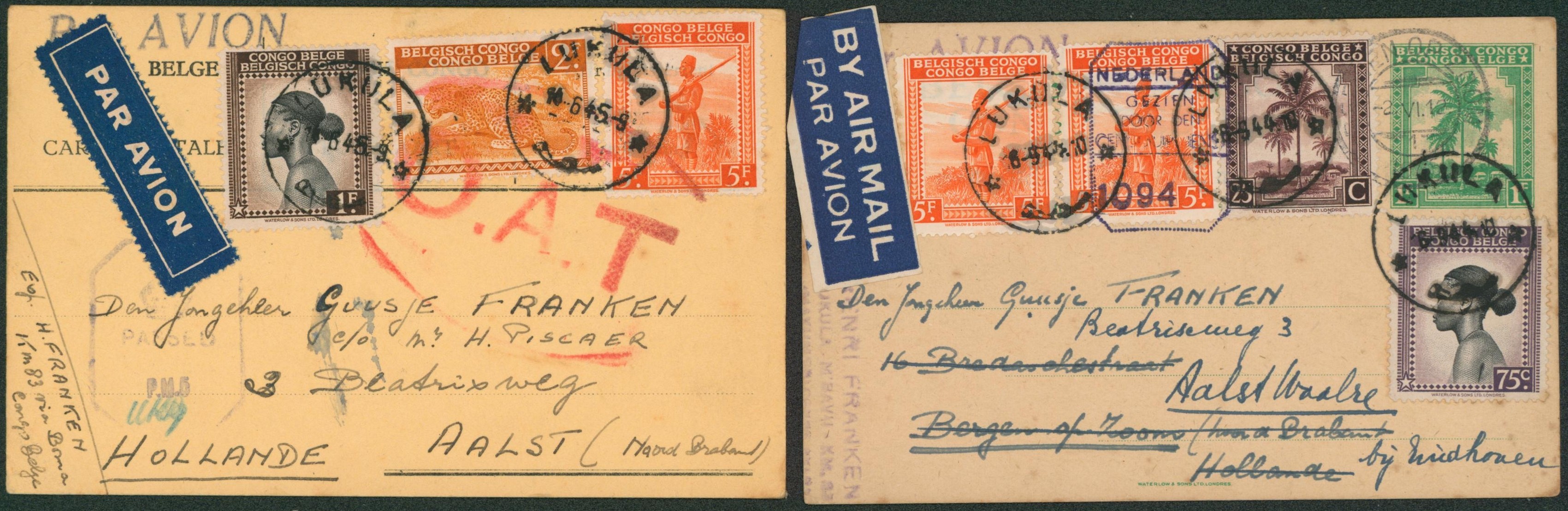 Congo Belge - Ensemble de 2 entier avec affranchissement mixte, par avion + censure (communication difficile, explication des transit 1944/45) > Aalst (Waard, Hollande). O.A.T., libération des villes hollandaises. Superbe ensemble ! R.