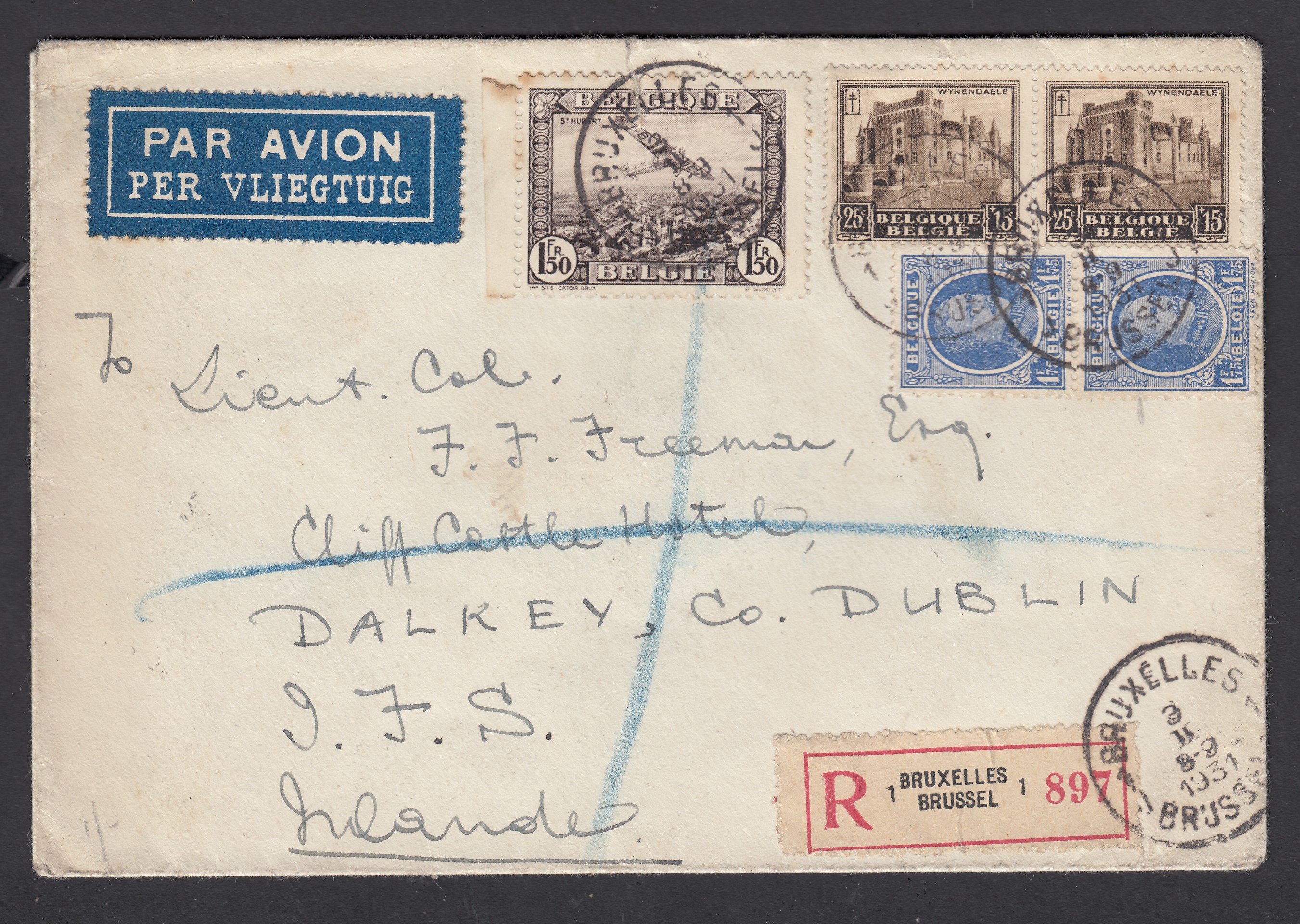 257 et 309 en paires +Pa2 sur lettre par avion recommandé de BXL le 3.II.1931 vers Dublin, Irlande. Càd au verso.