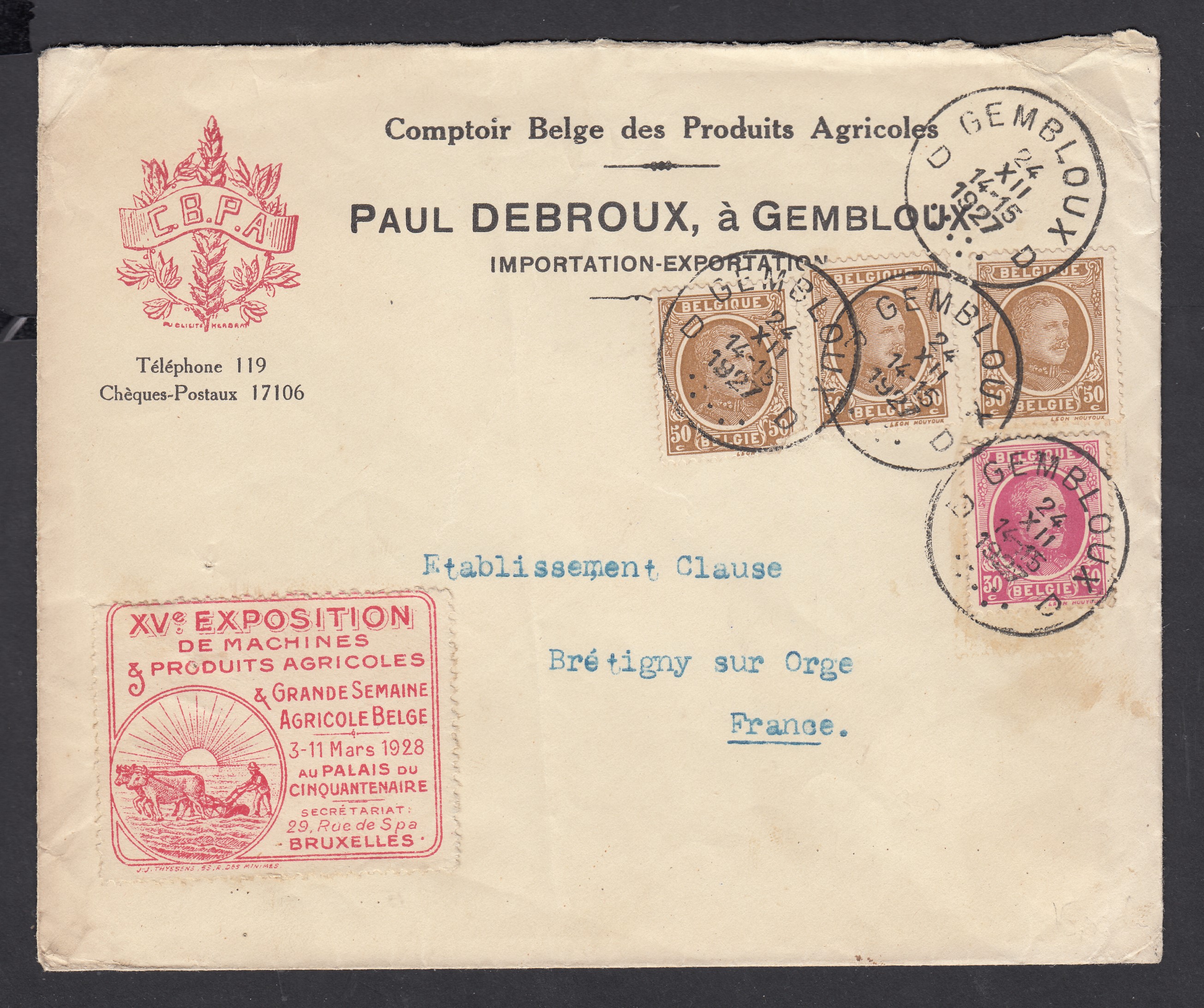 199 +203x3 +vignette (Xve exposition Foire Agricole) sur lettre à entête illustrée de Gembloux le 24.XII.1927 vers la France.