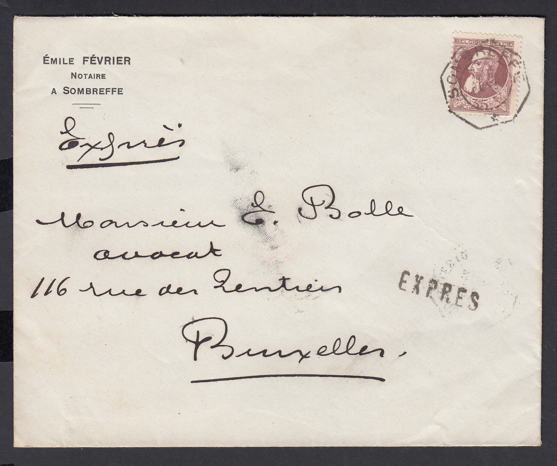 n°77 sur lettre en exprès de Sombreffe ( Cachet hexag.) vers Bruxelles. 