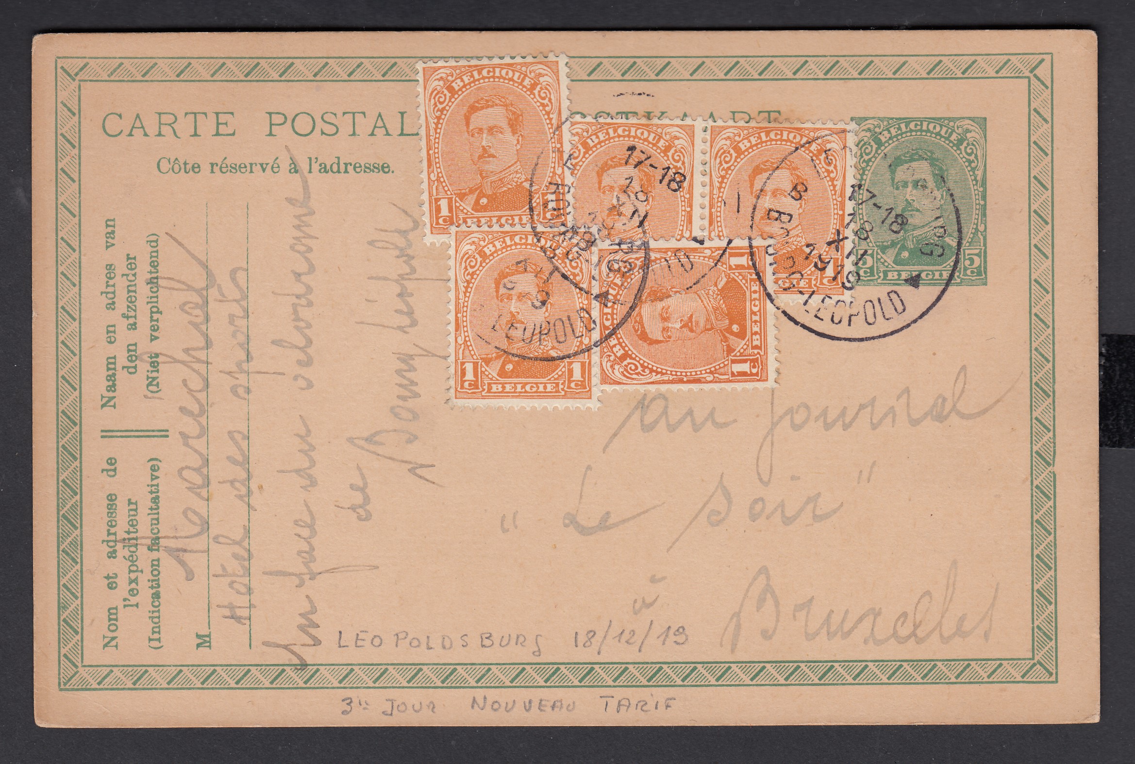 135 x5 sur Ep5c type «  Emission de 1915 -Tp 137 » expédié de Bourg-Léopold le 18.XII.1919 vers BXL..