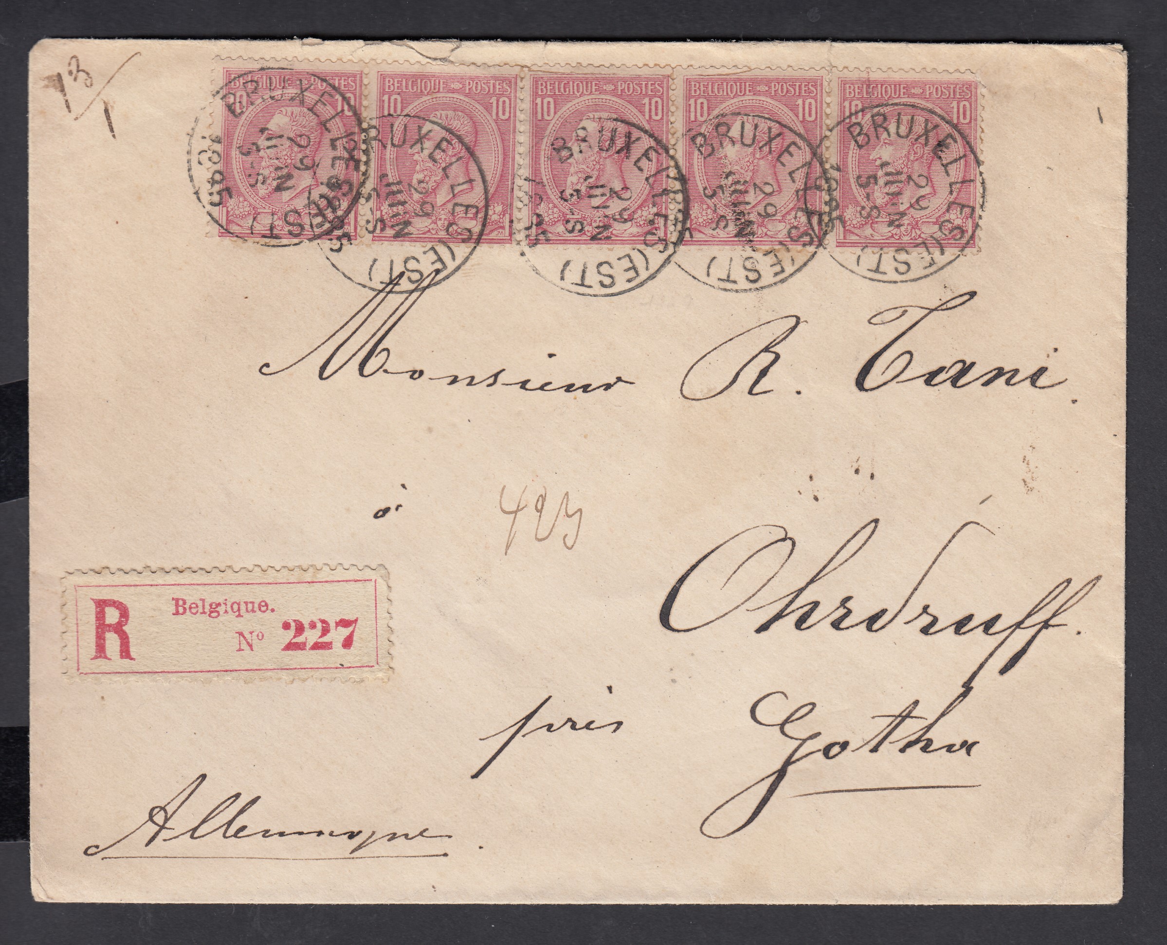 n°46 en bande de 5 sur lettre en recommandé de BXL. le 29 JUIN 1895 à destination d'Ohrdruff, Allemagne. Càd au verso.